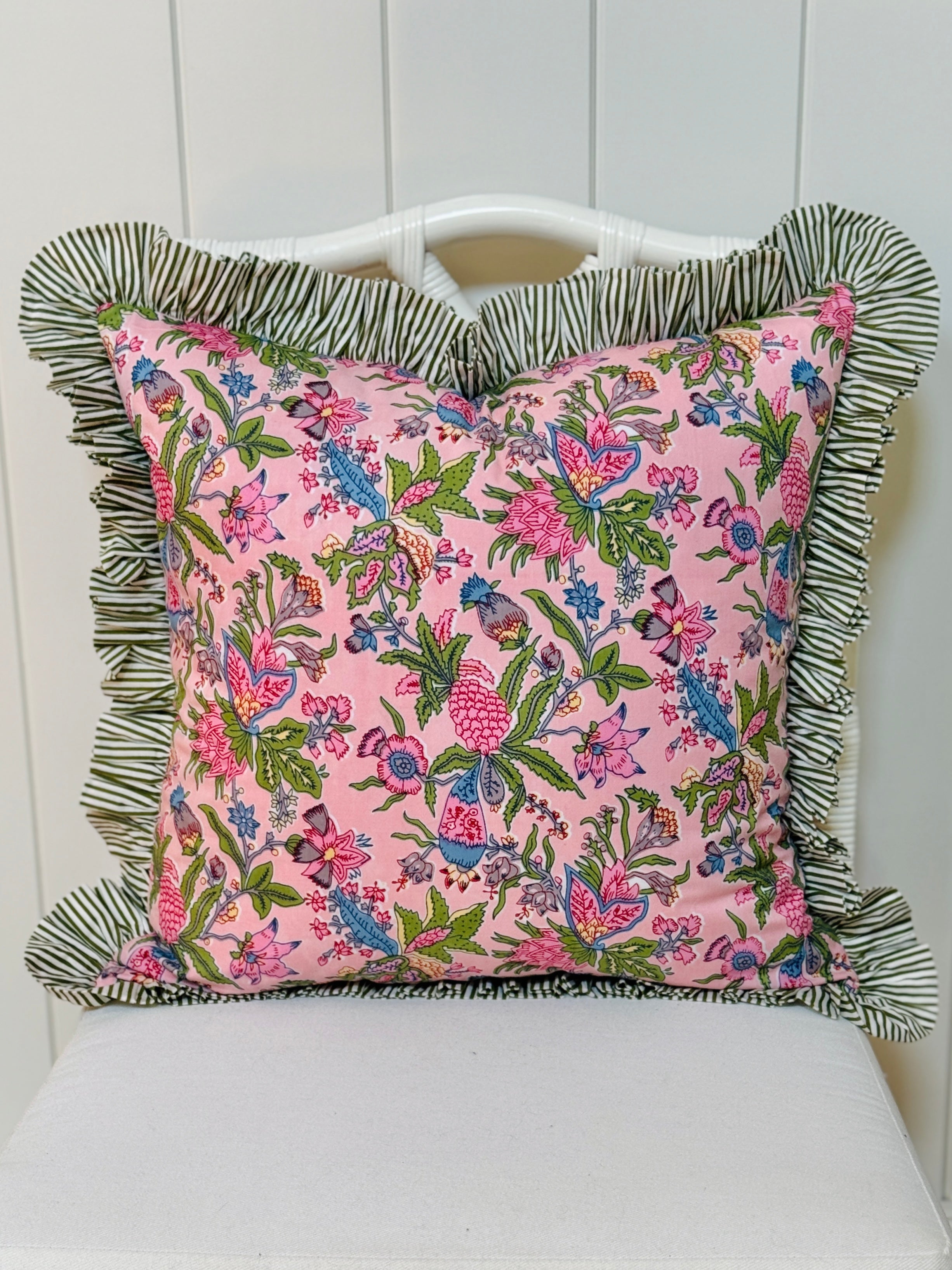Gigi floral pillow cover with pink striped ruffle trim, 3 colors