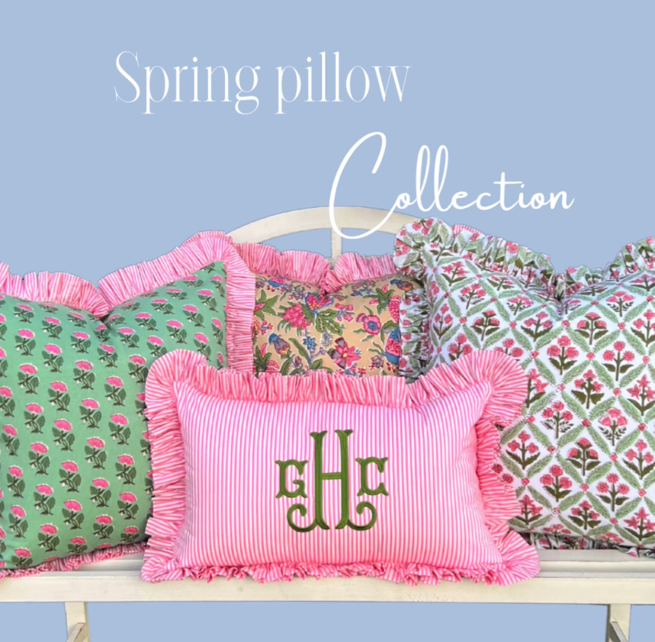 Rose and green floral trellis block print ruffle pillow cover