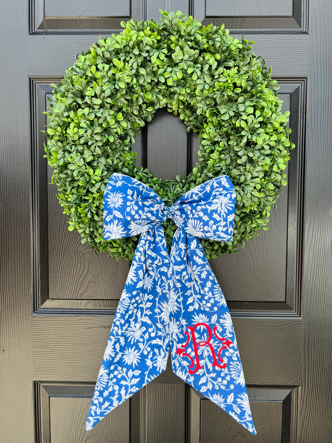 Blue and white block print wreath sash, monogram available