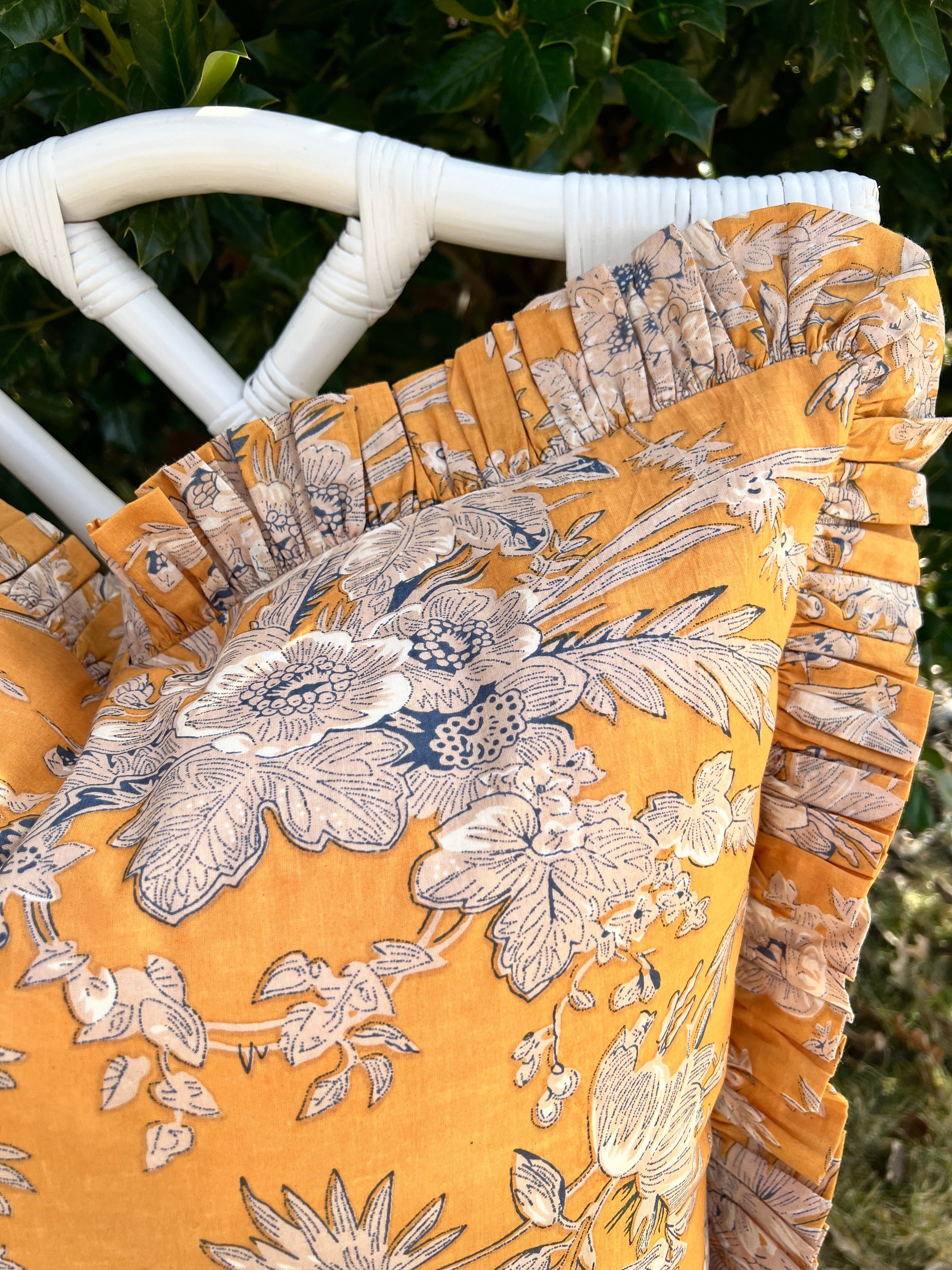 Marigold yellow floral toile pillow cover with ruffle trim