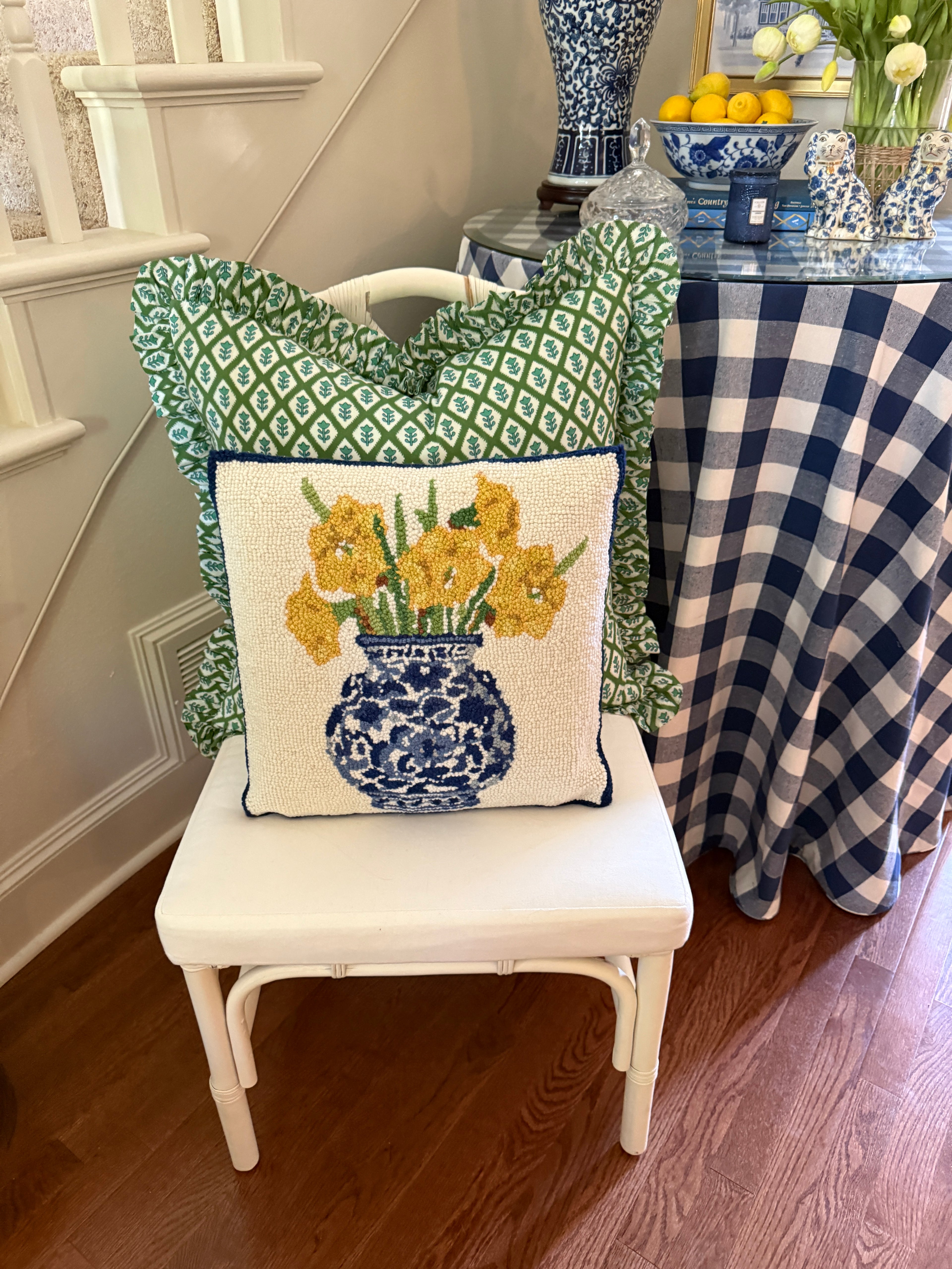 Hand hooked wool yellow daffodils and chinoiserie pillow