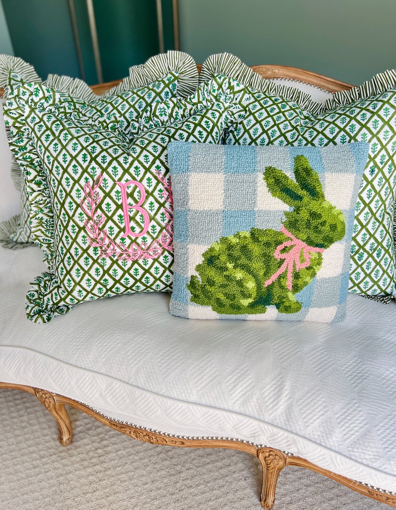Hand hooked boxwood bunny pillow