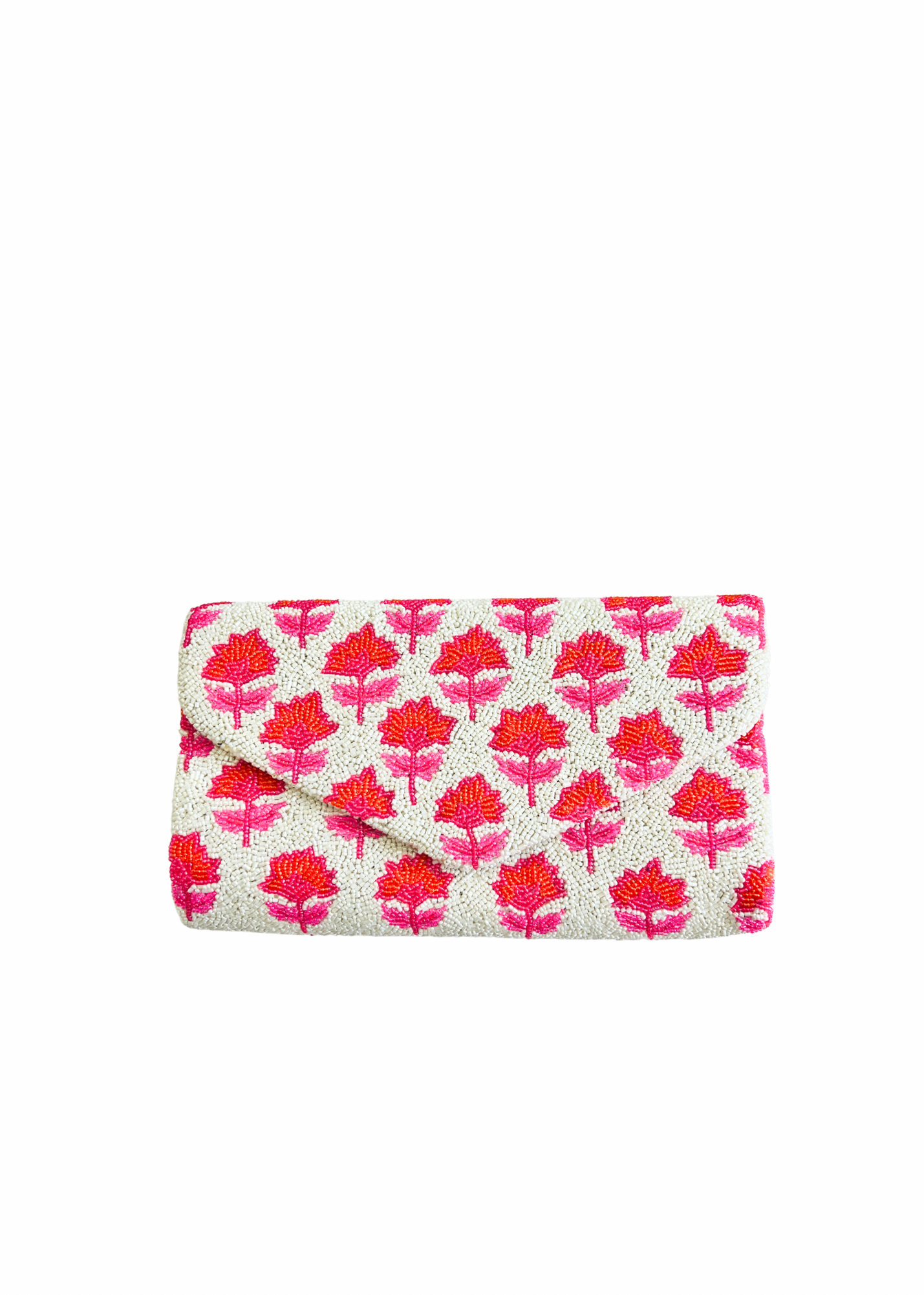 Hand beaded pink and orange block print floral trellis clutch