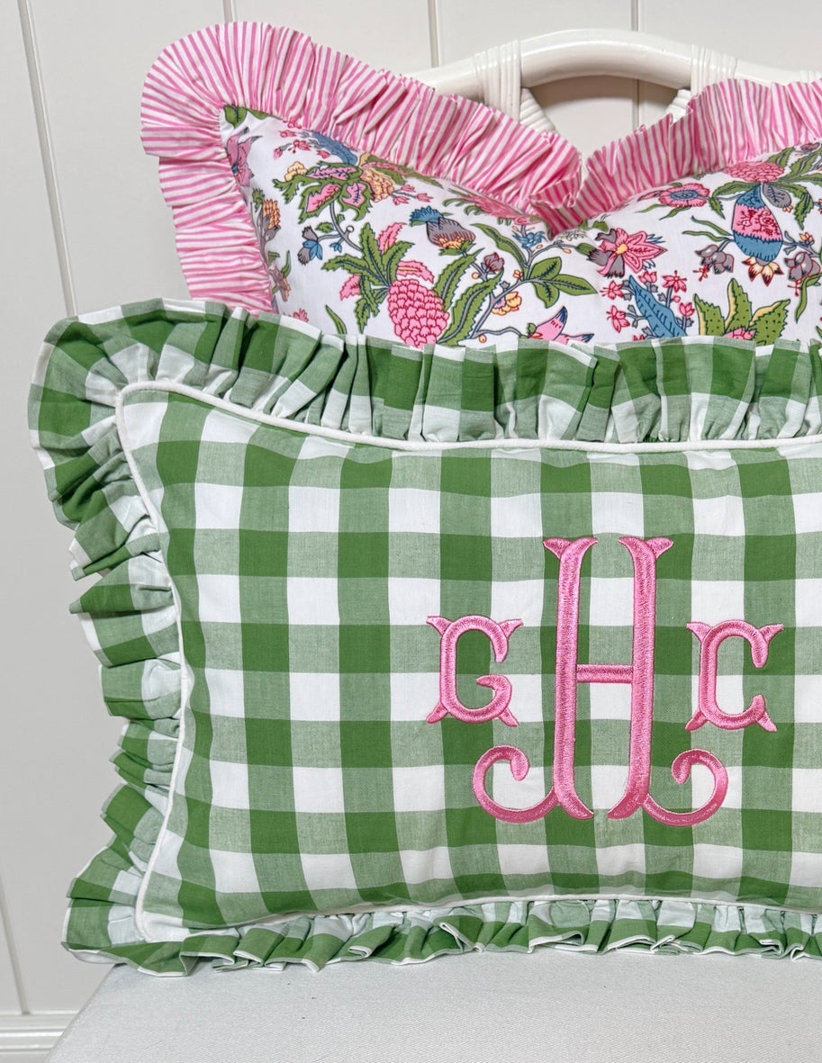 Fern green check pillow cover with ruffle trim, monogram available