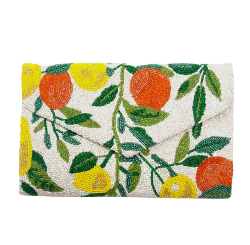 Hand beaded citrus pattern clutch