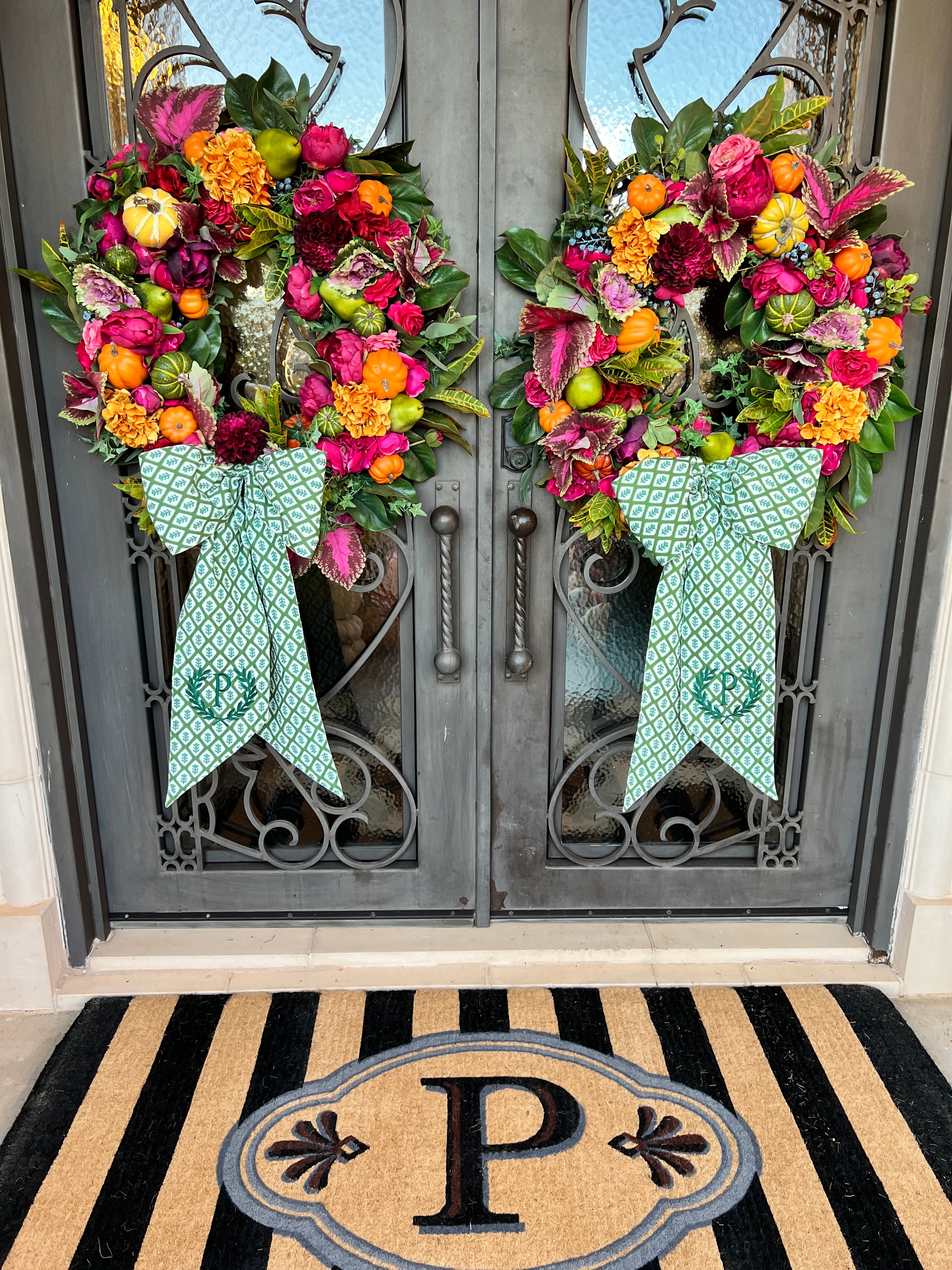 Green block print wreath sash