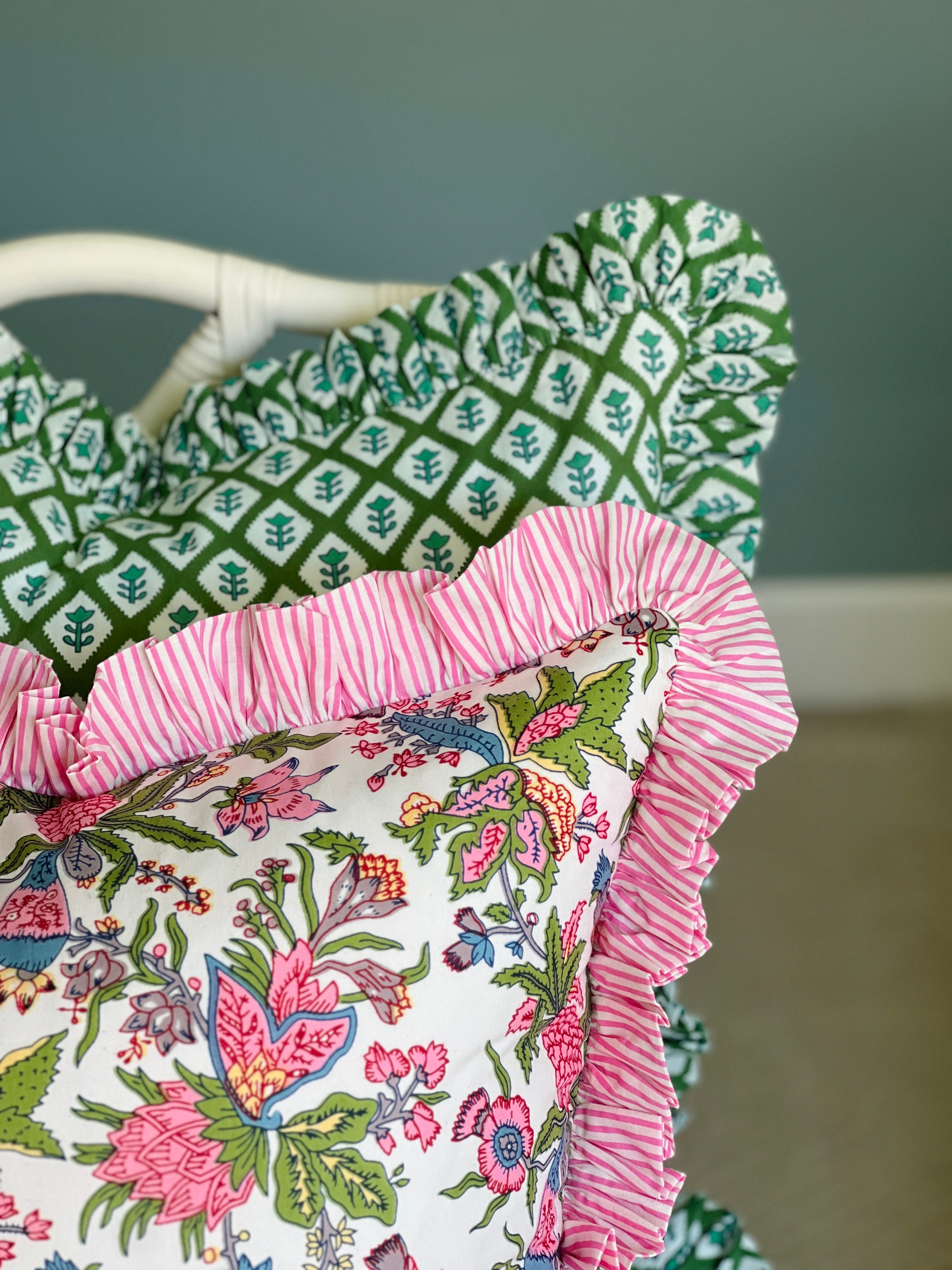 Gigi floral pillow cover with pink striped ruffle trim, 3 colors