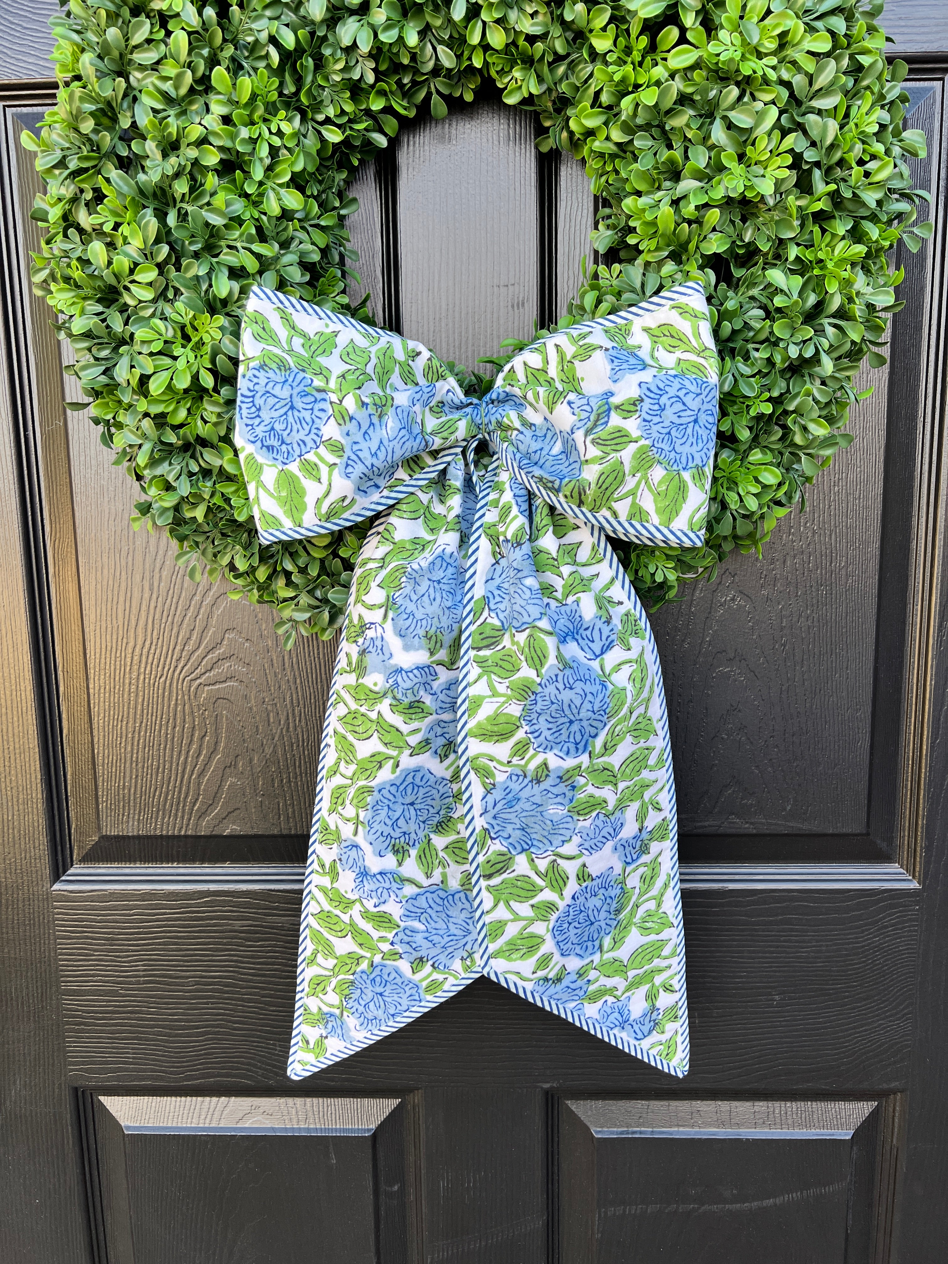 Blue and green hydrangea block print floral wreath sash bow with blue striped piping, monogram available