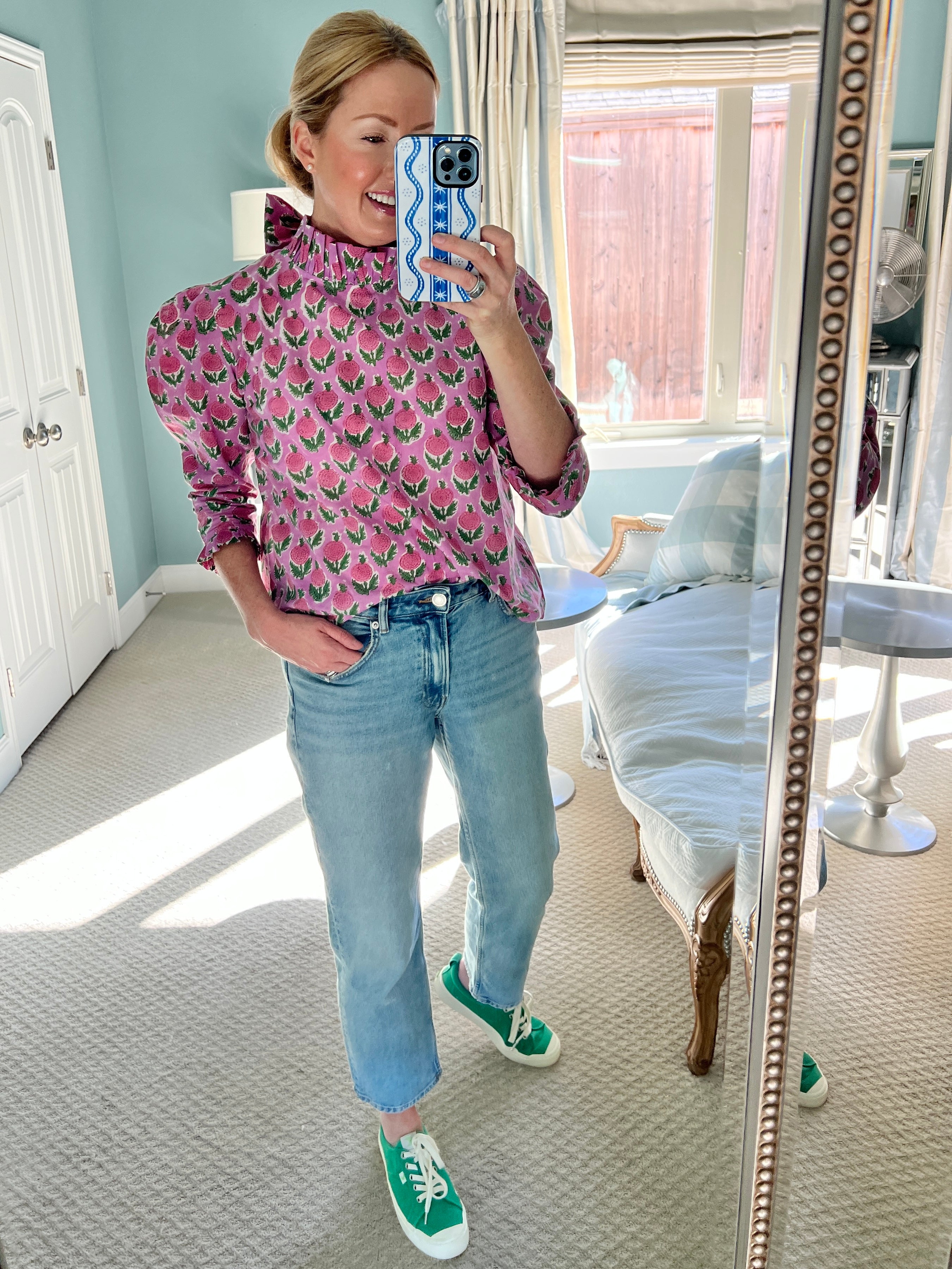 Maisie bow back top in Pink Posy block print