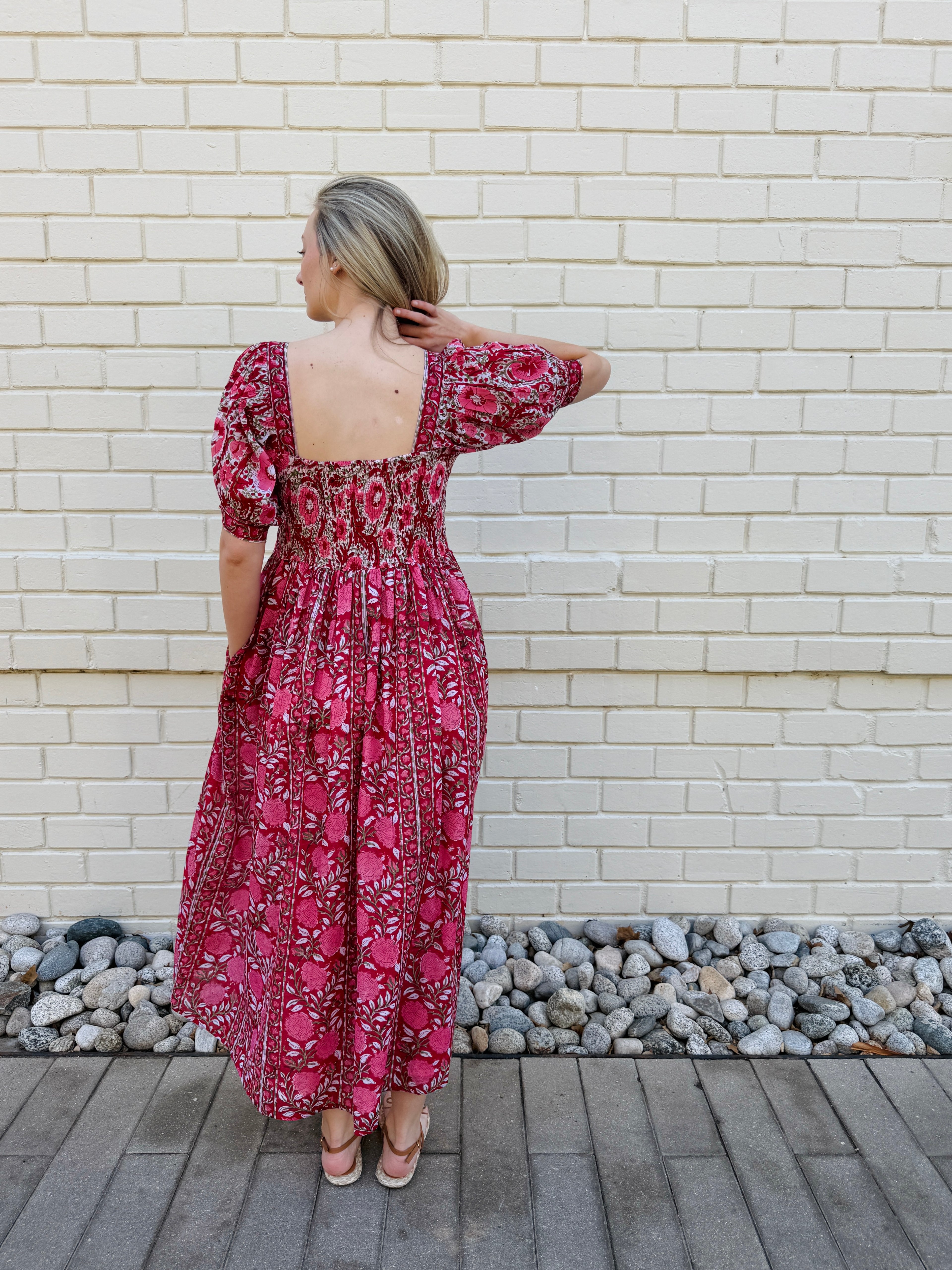 Lottie dress with puff sleeves in red and pink