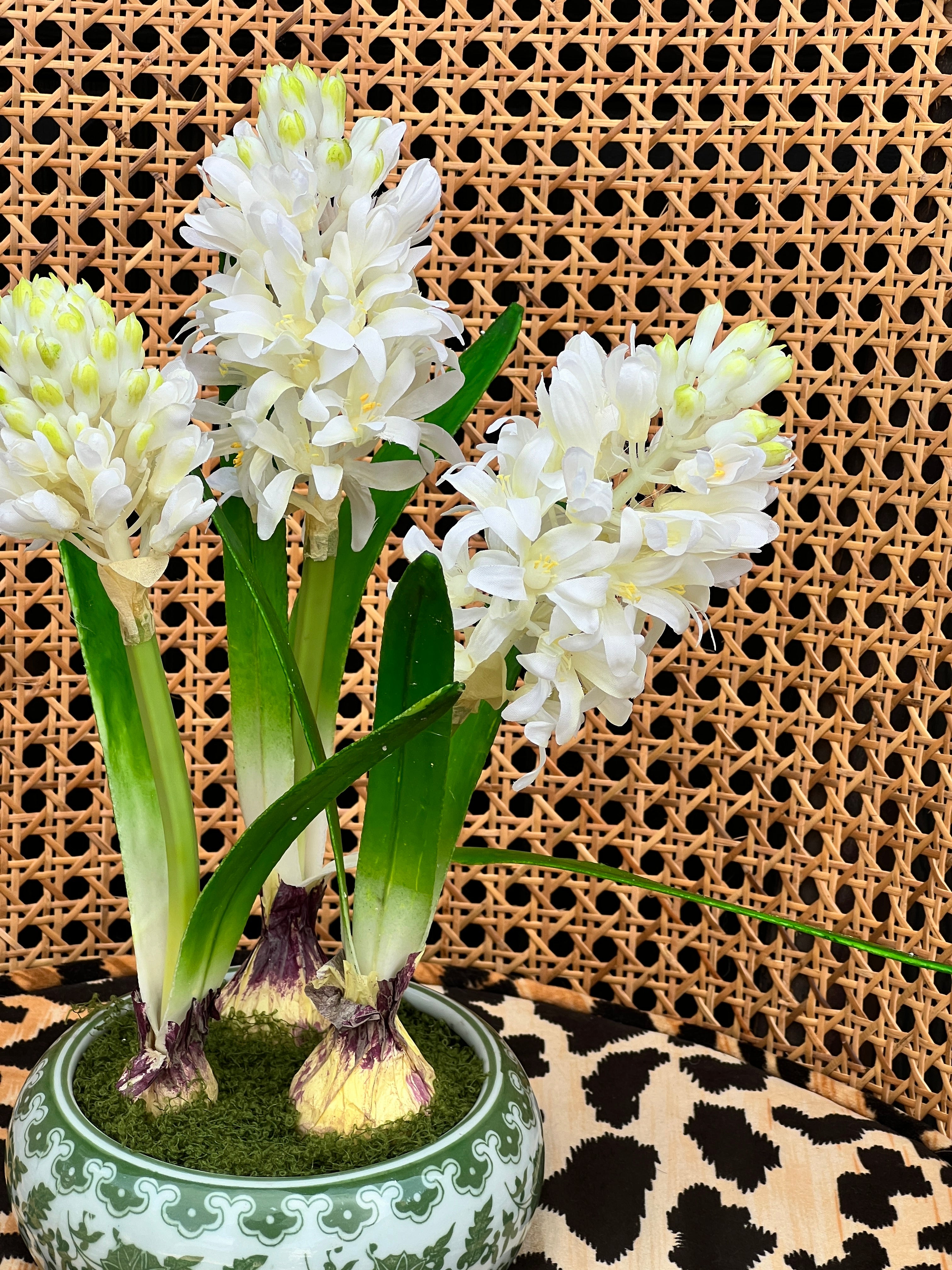 Faux Hyacinth bulbs in green and white chinoiserie planter
