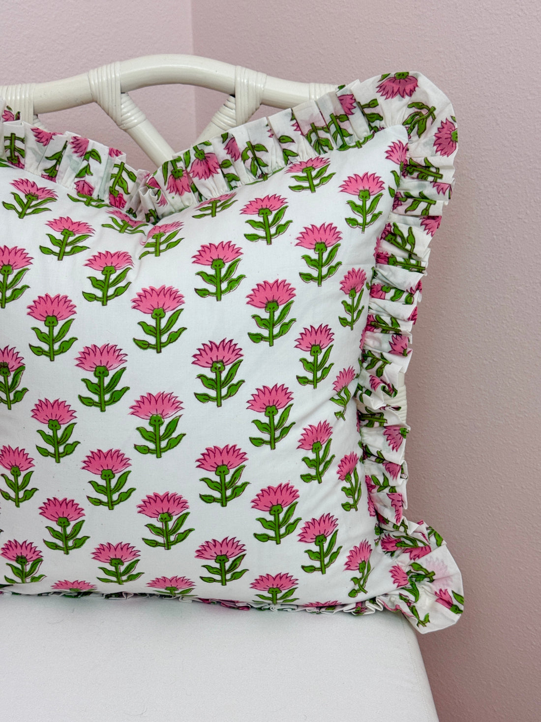 Pink and green blossom block print floral pillow cover