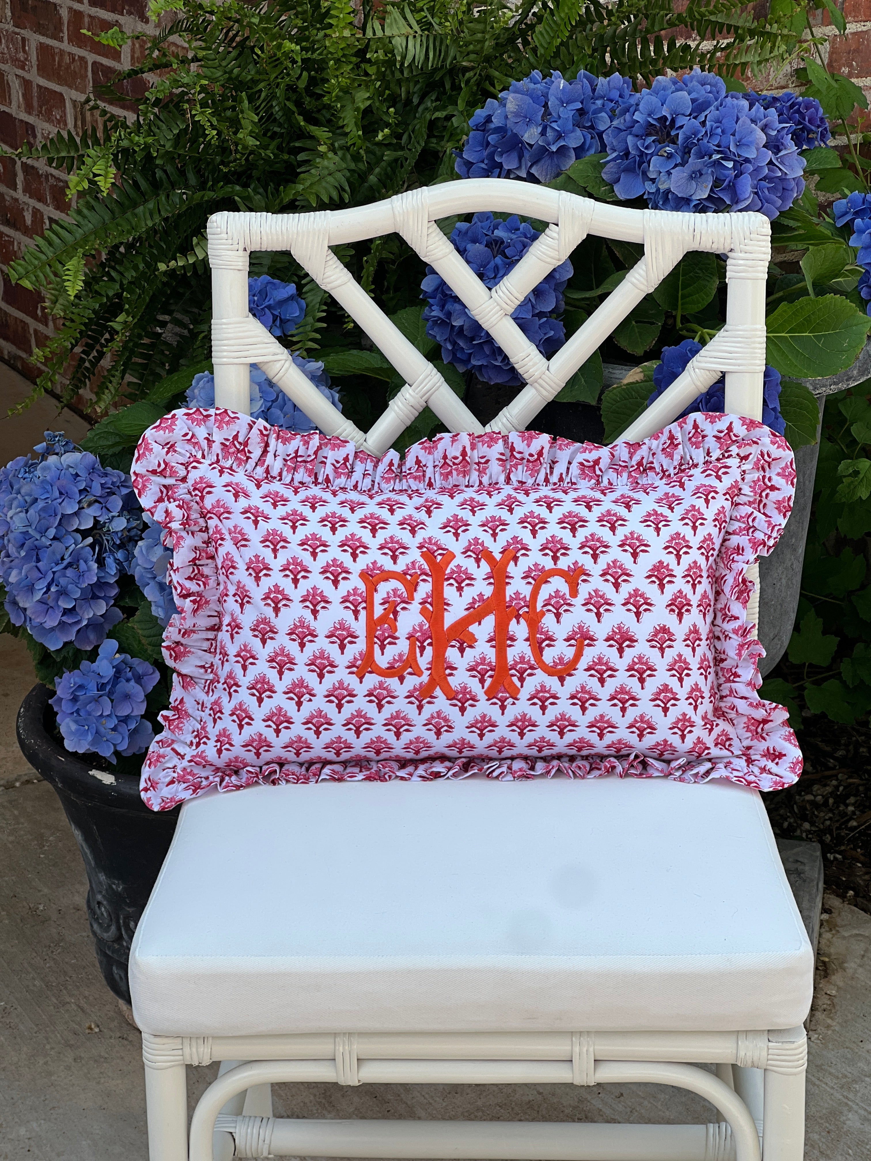 Red and pink block print pillow cover