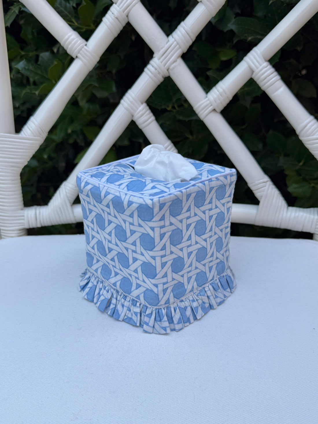 Light blue cane trellis block printed ruffle tissue cover, custom monogram available