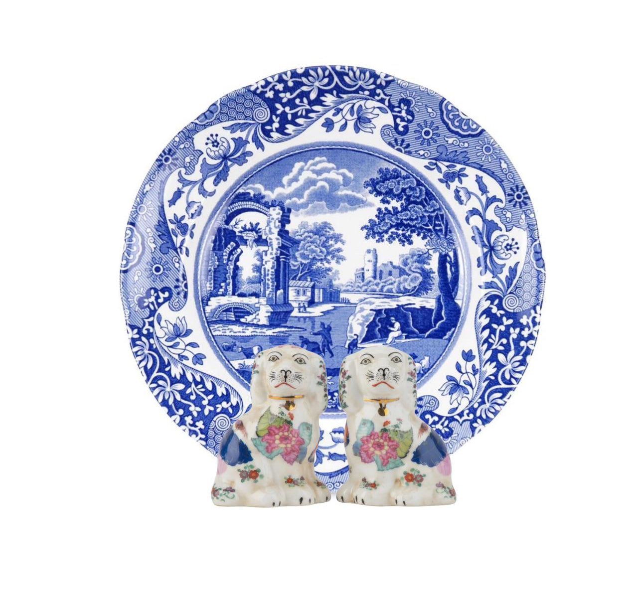 Tobacco Leaf floral mini porcelain Staffordshire dog figurine pair