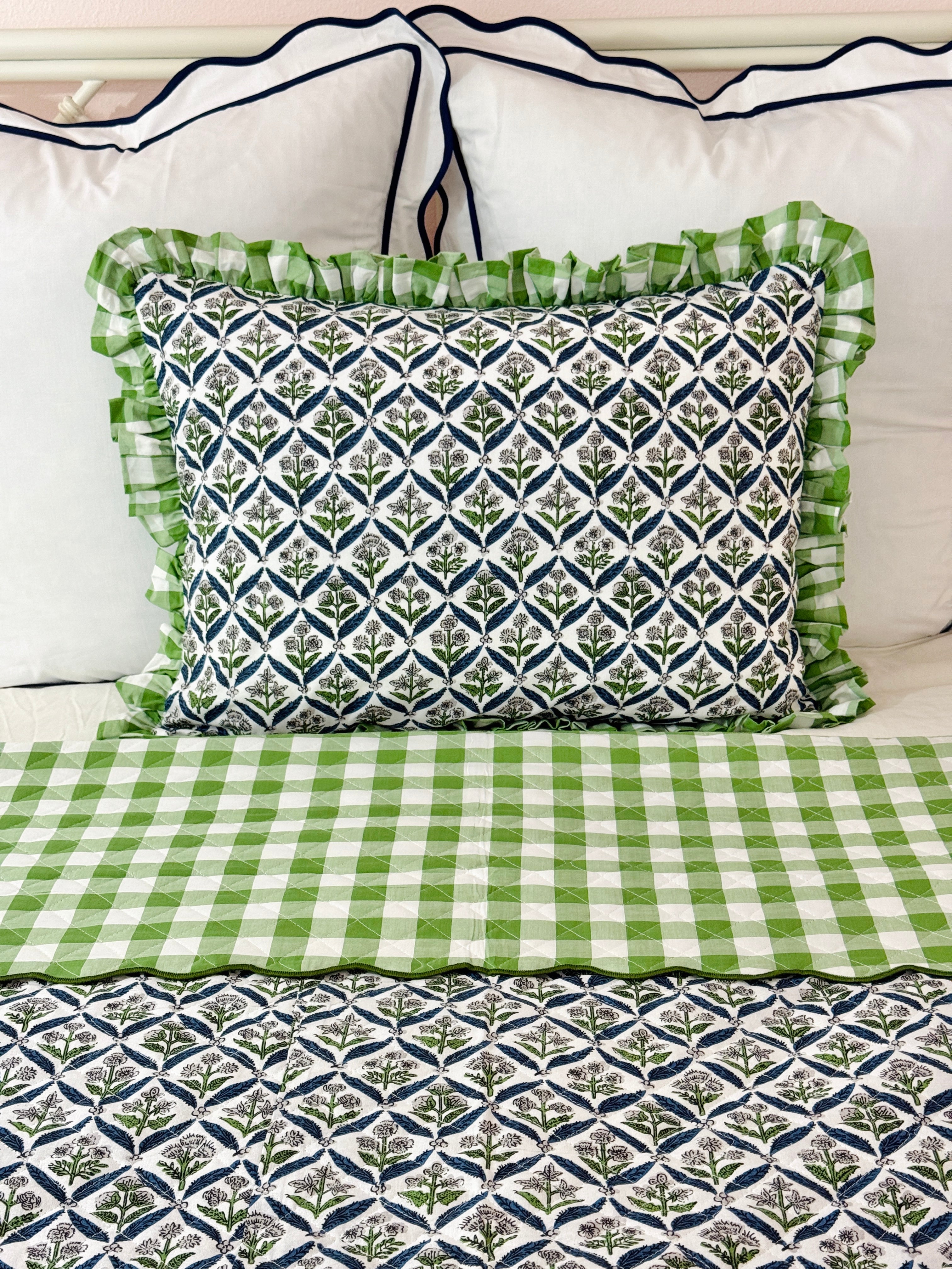 Blue and green floral trellis block print bedding collection