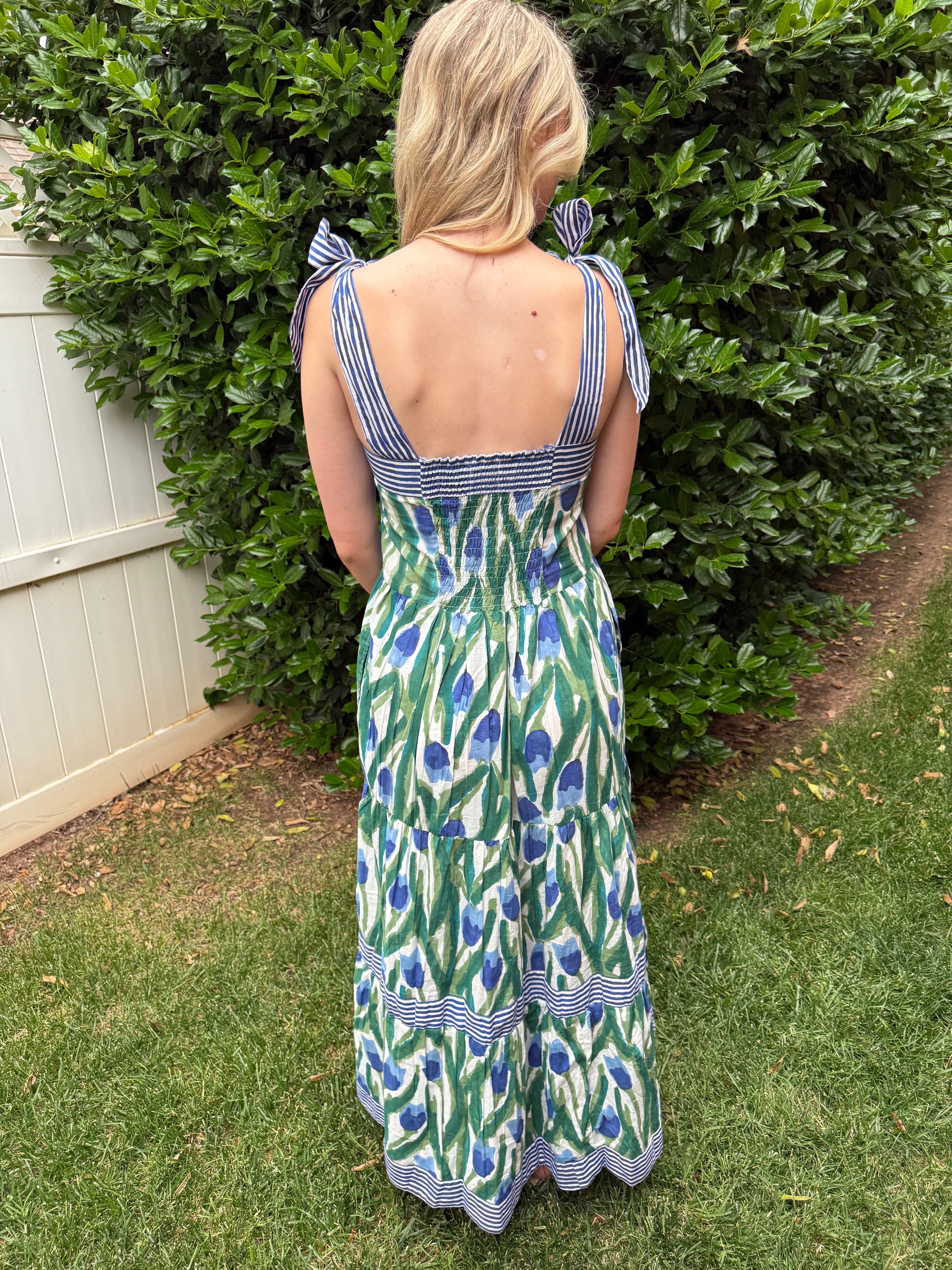 Maisie Maxi Dress in blue and green tulip block print
