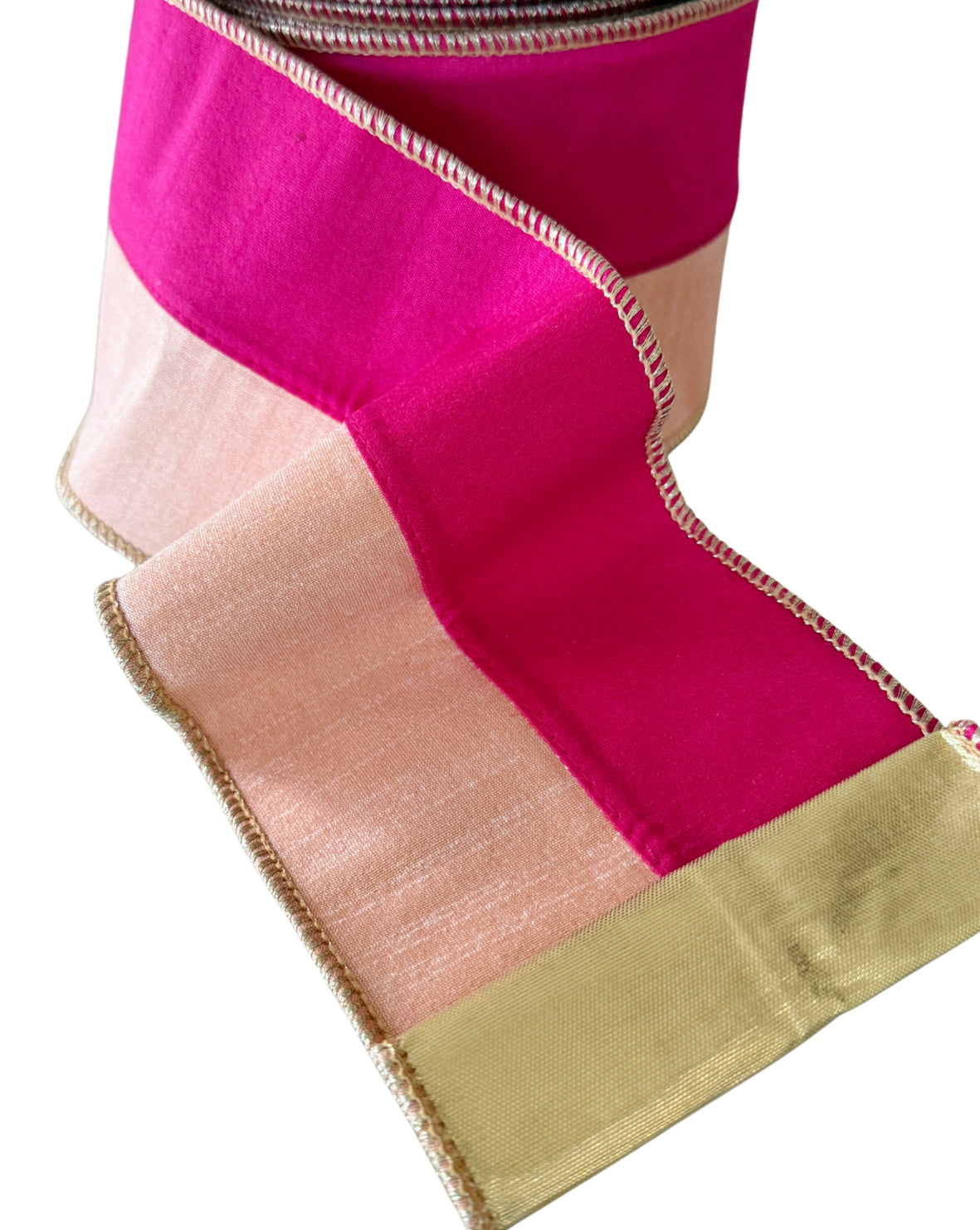 Fuchsia and peach two tone wired ribbon by the roll with gold backing 4”x10 yards