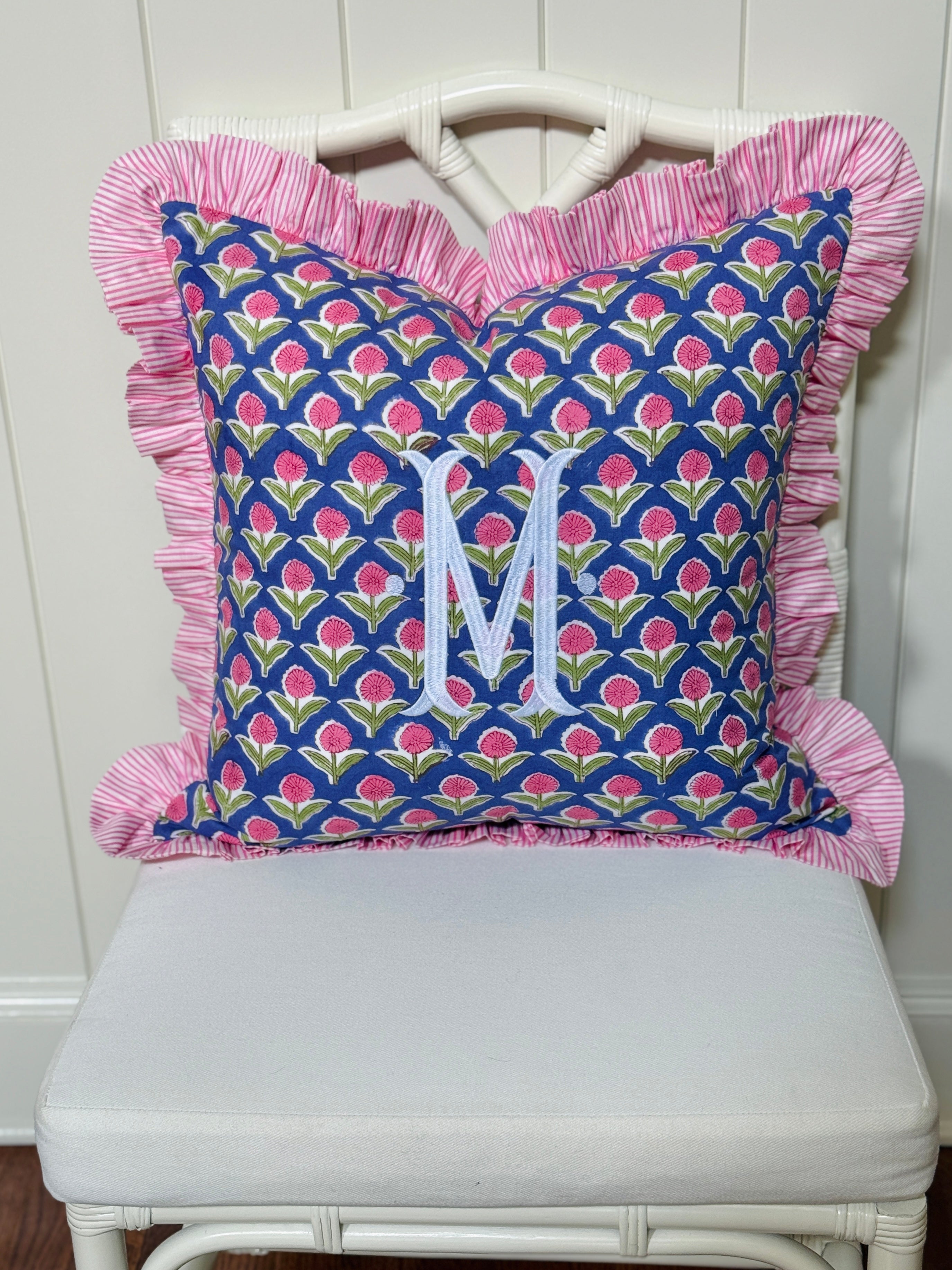 Violet and pink block print floral pillow cover, monogram available