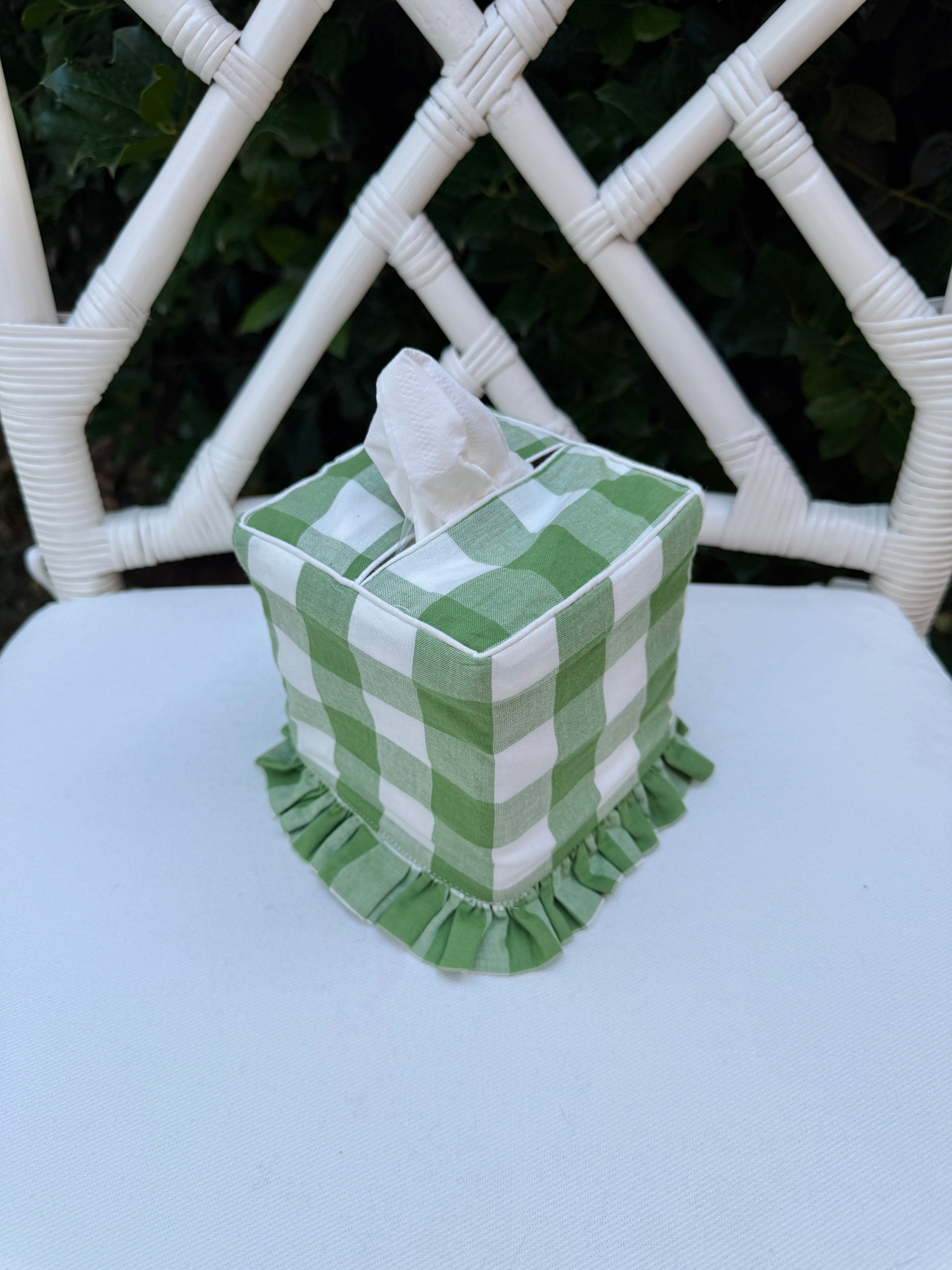 Fern green check ruffle tissue cover, custom monogram available