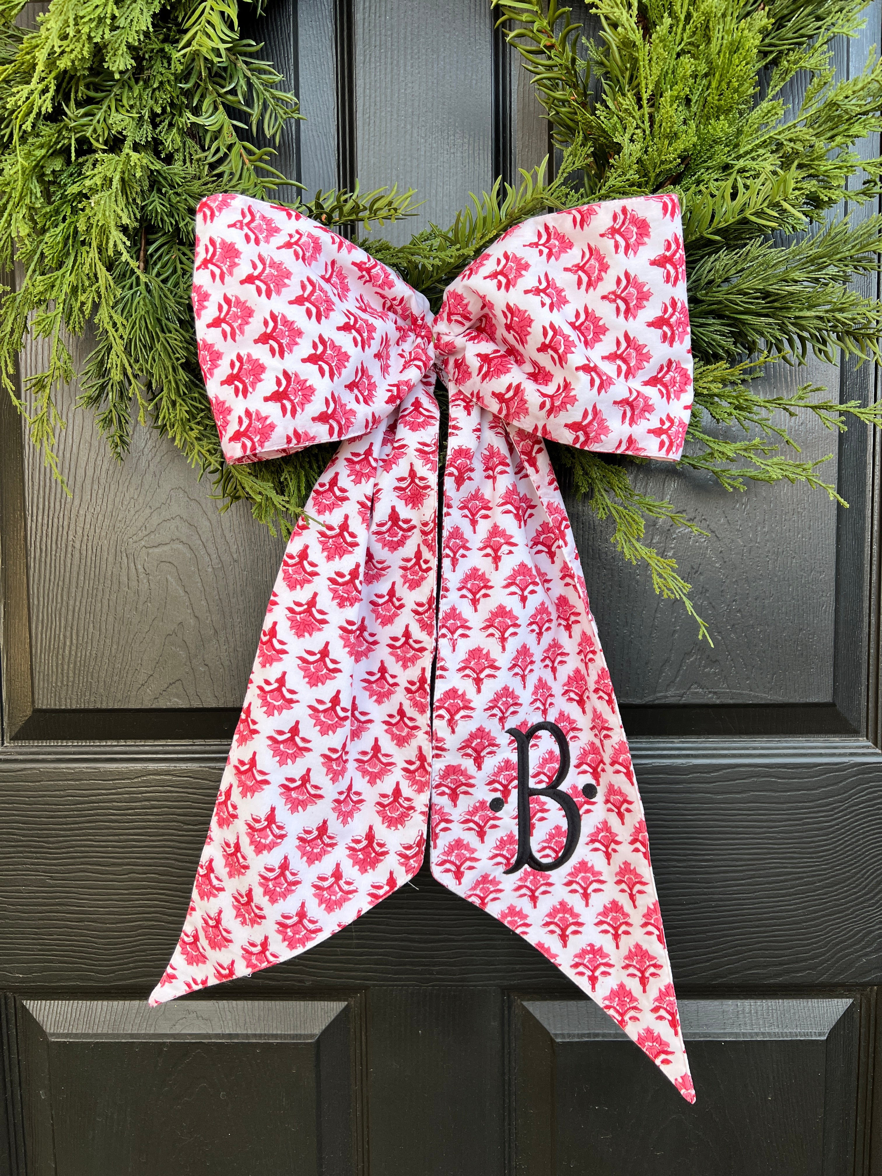 Red block print wreath sash