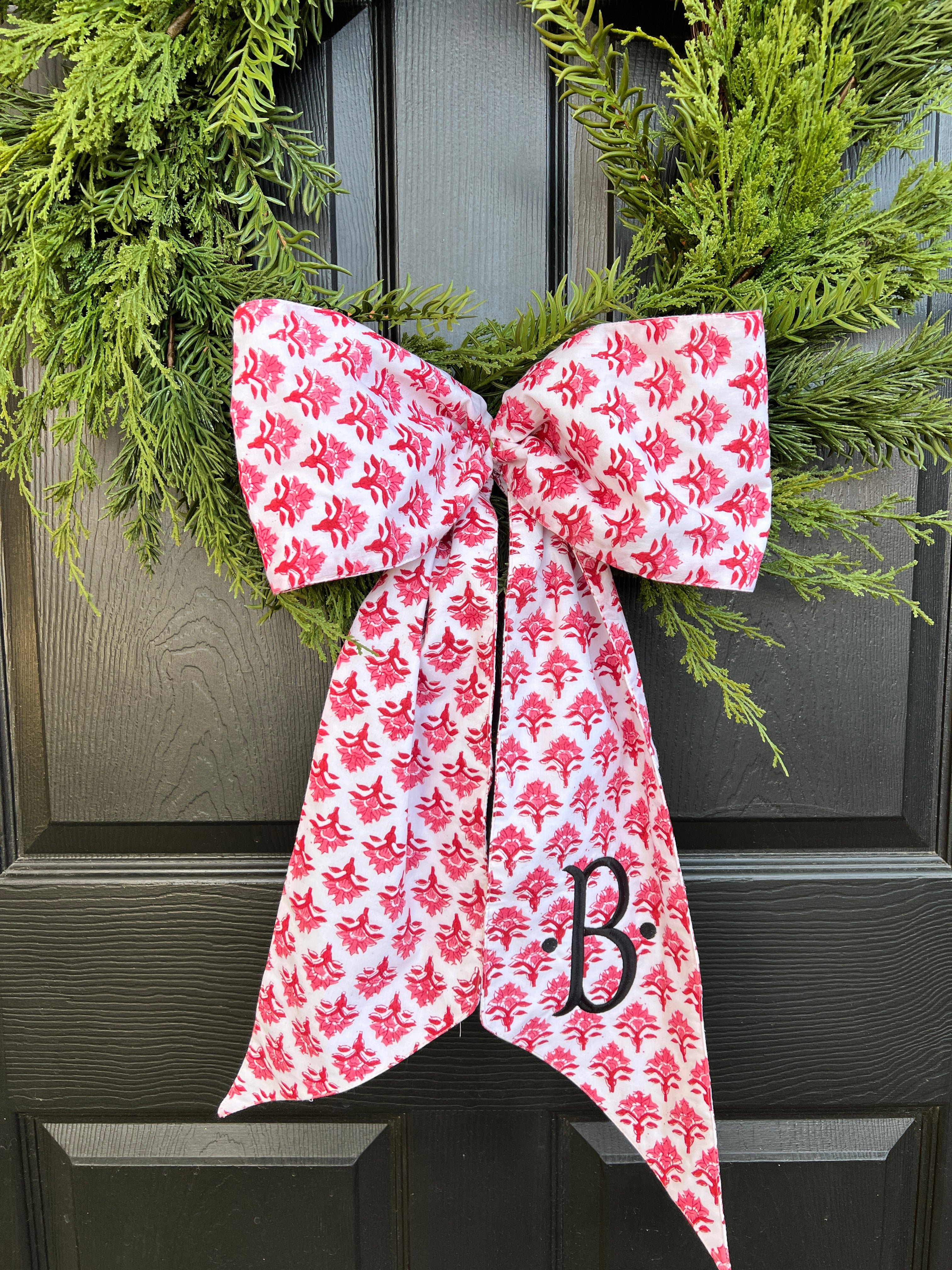 Red block print wreath sash
