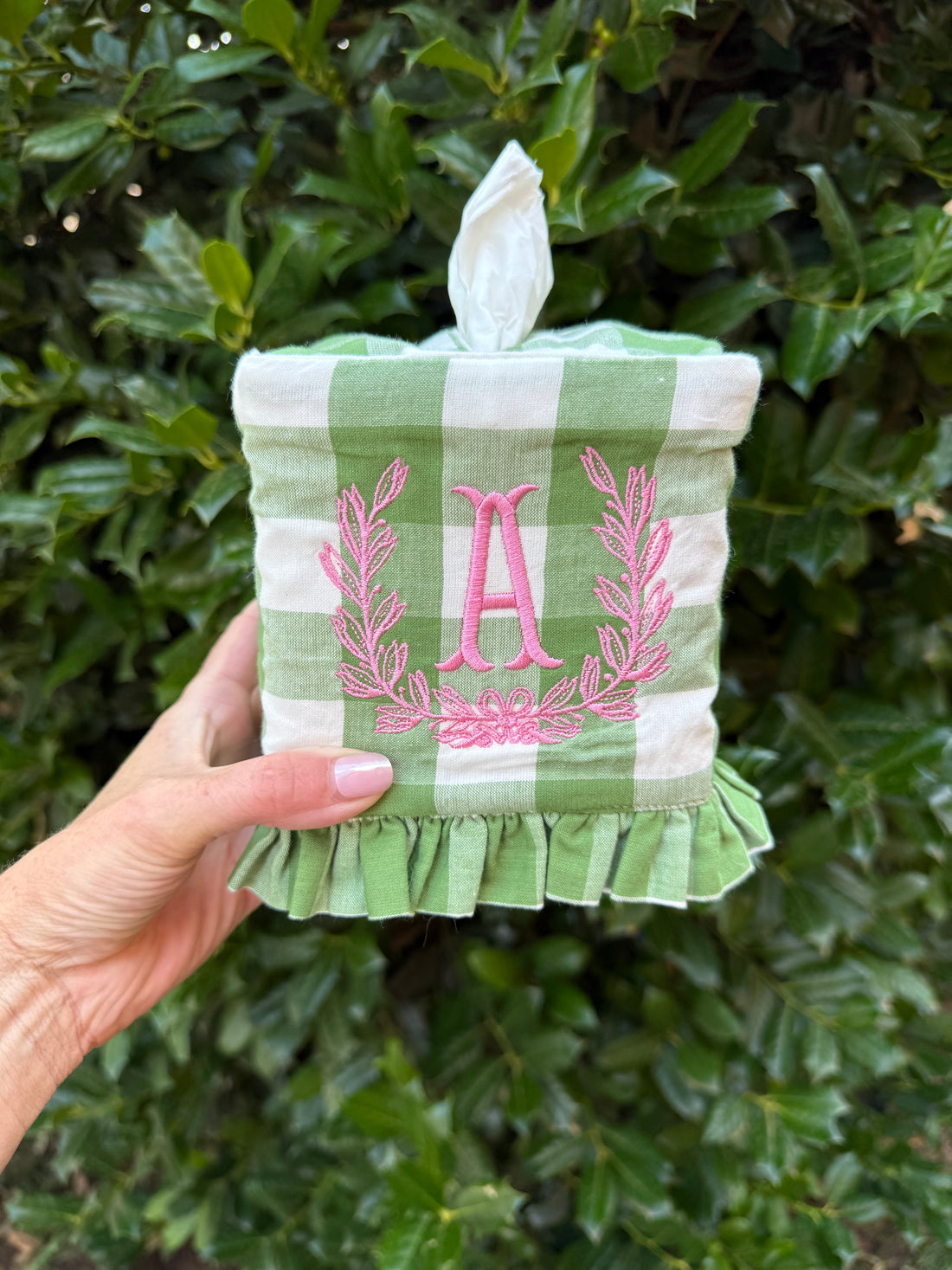 Fern green check ruffle tissue cover, custom monogram available