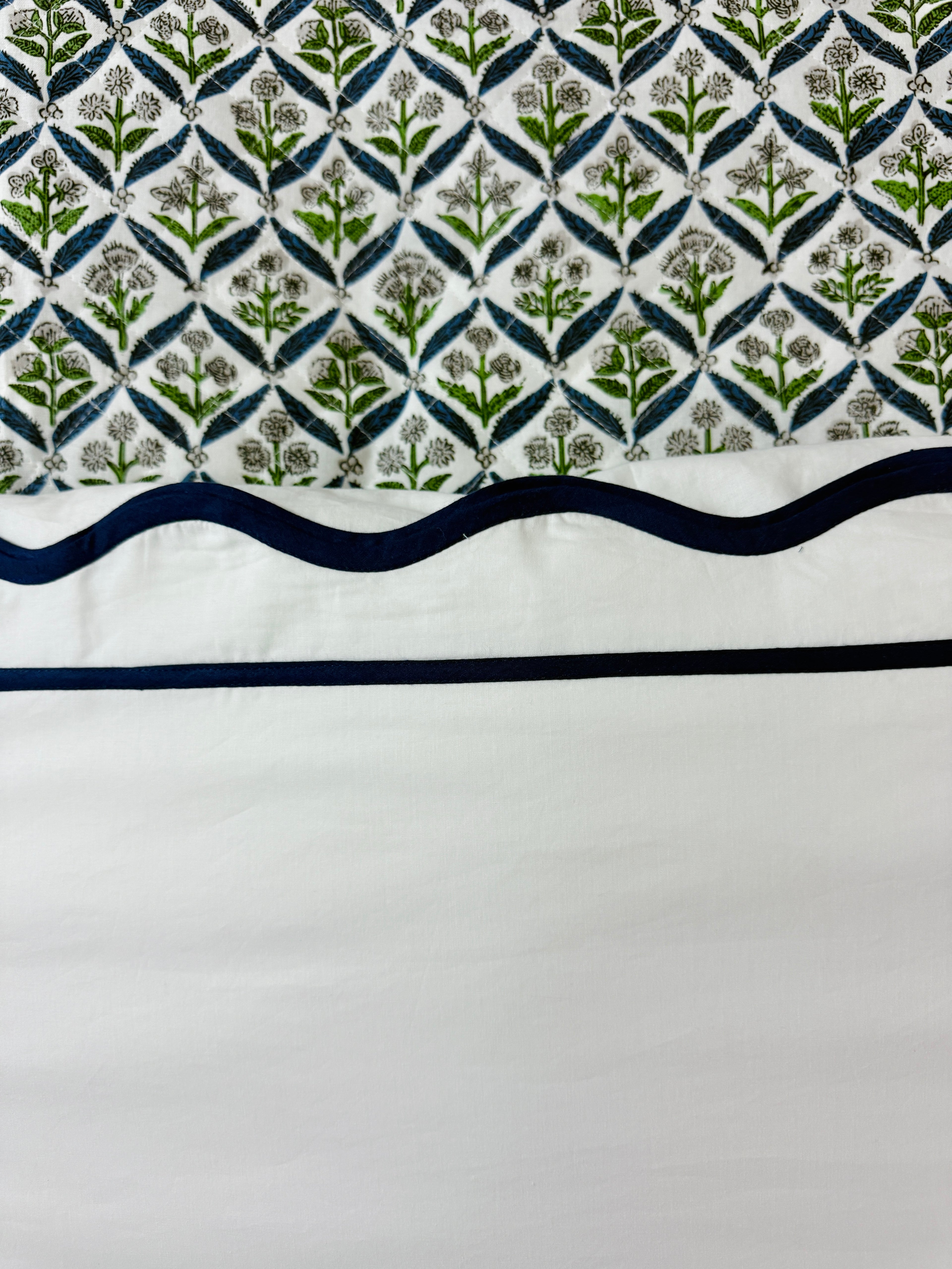 Blue and green floral trellis block print bedding collection