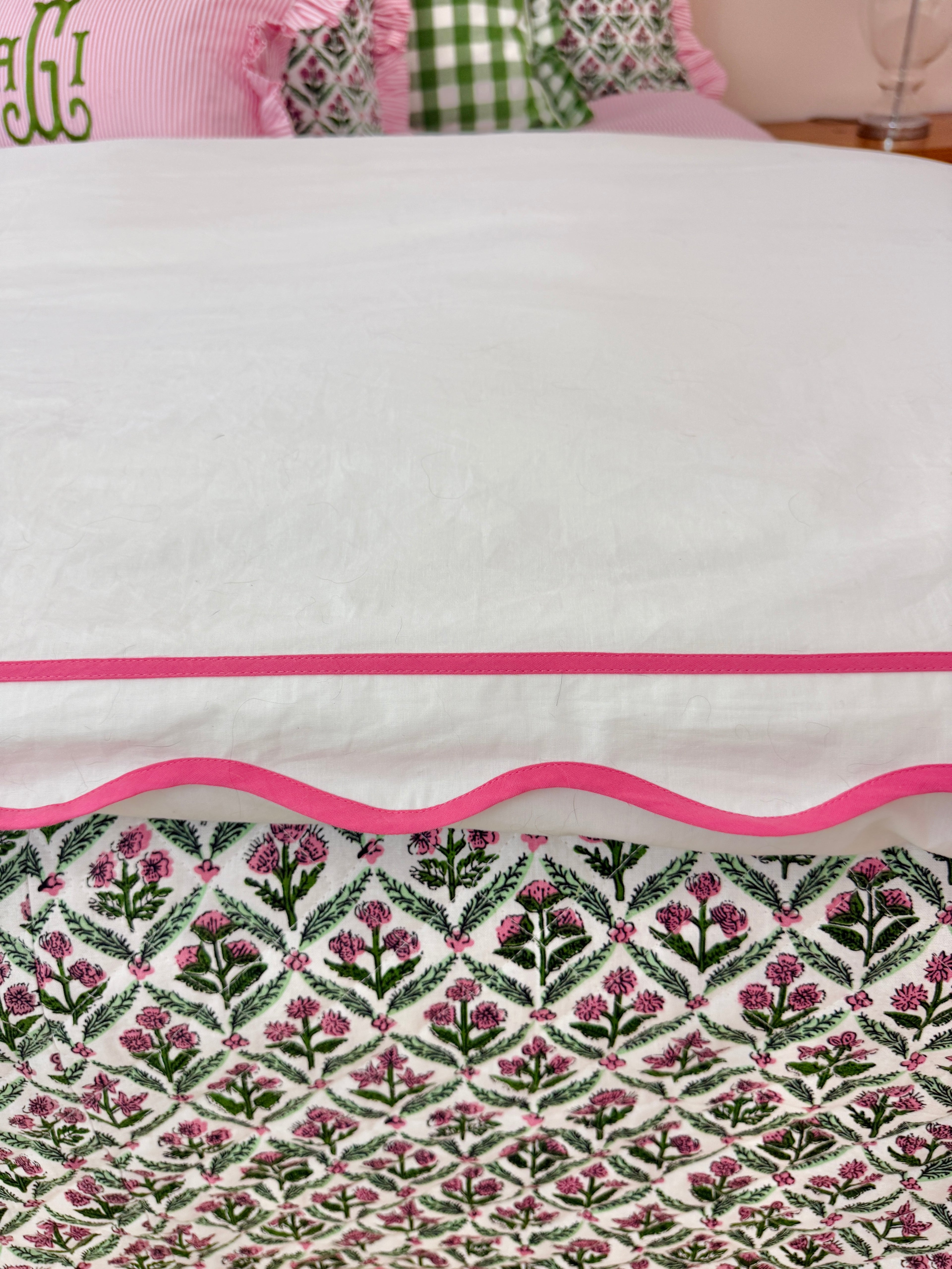 Pink and green floral trellis block print bedding collection