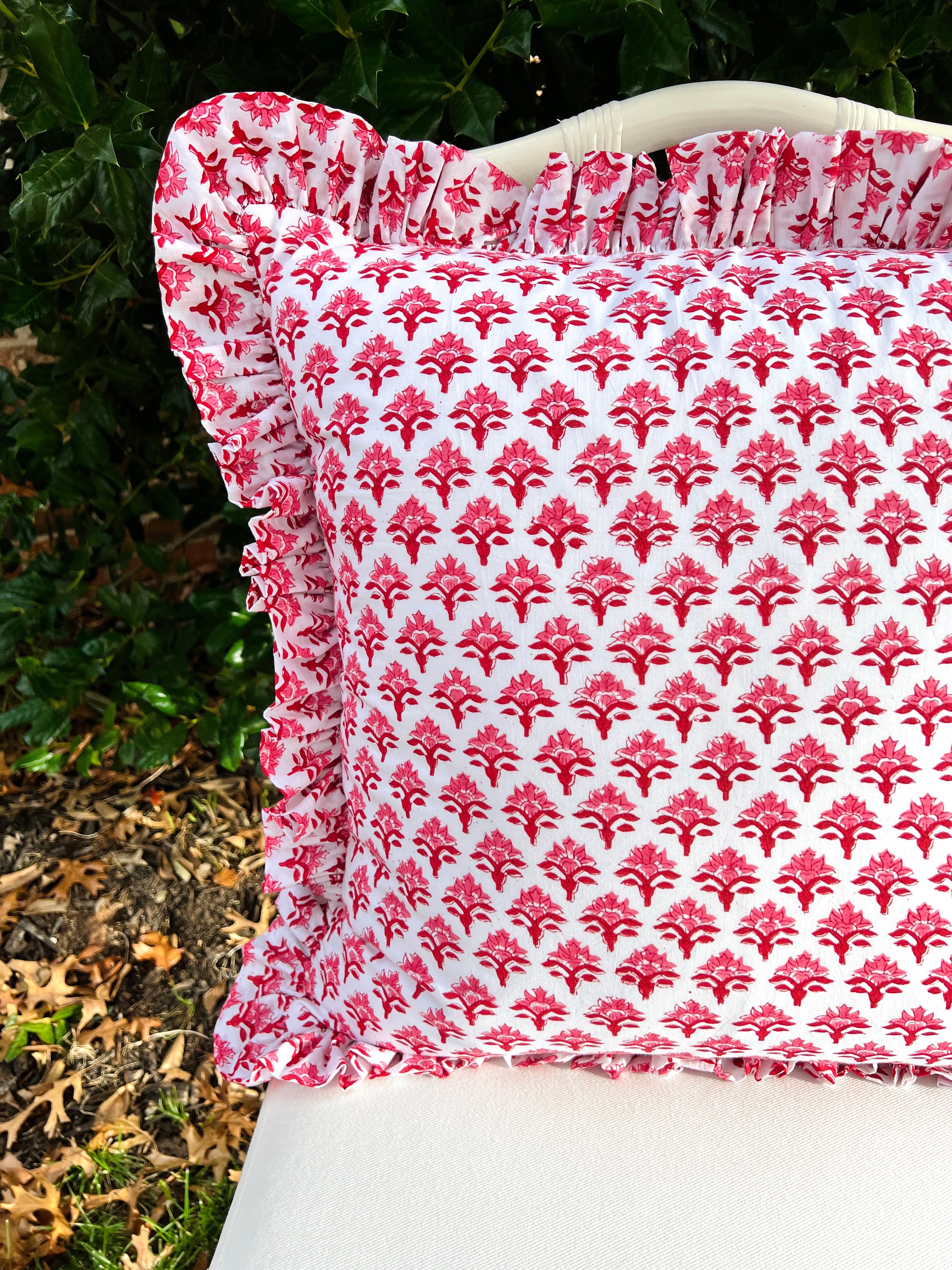Red and pink block print pillow cover
