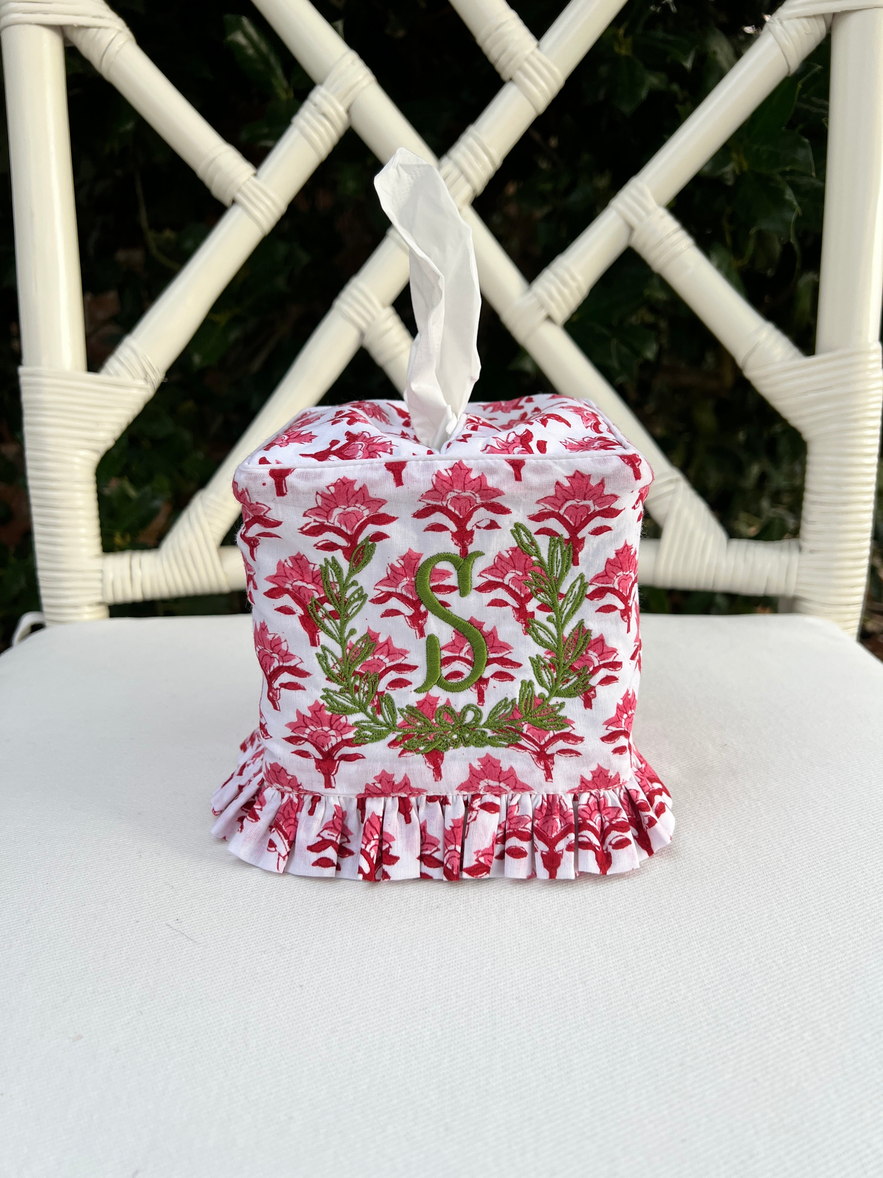 Red and pink block print ruffle tissue cover, custom monogram available