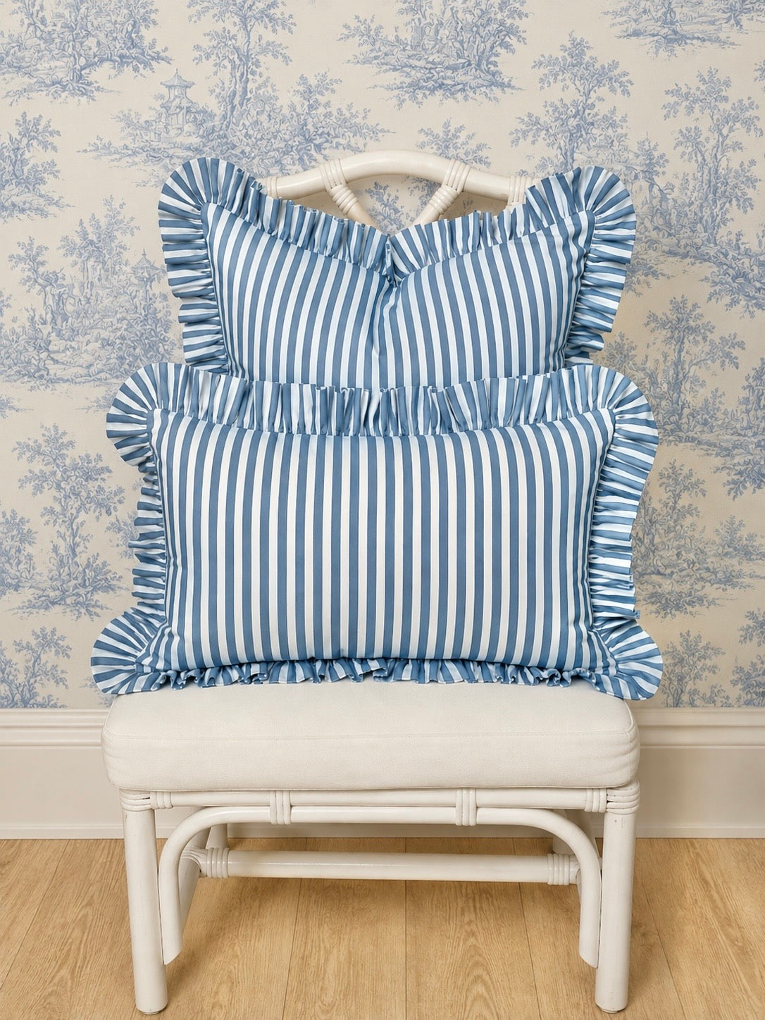 Hydrangea blue and white striped ruffle pillow cover