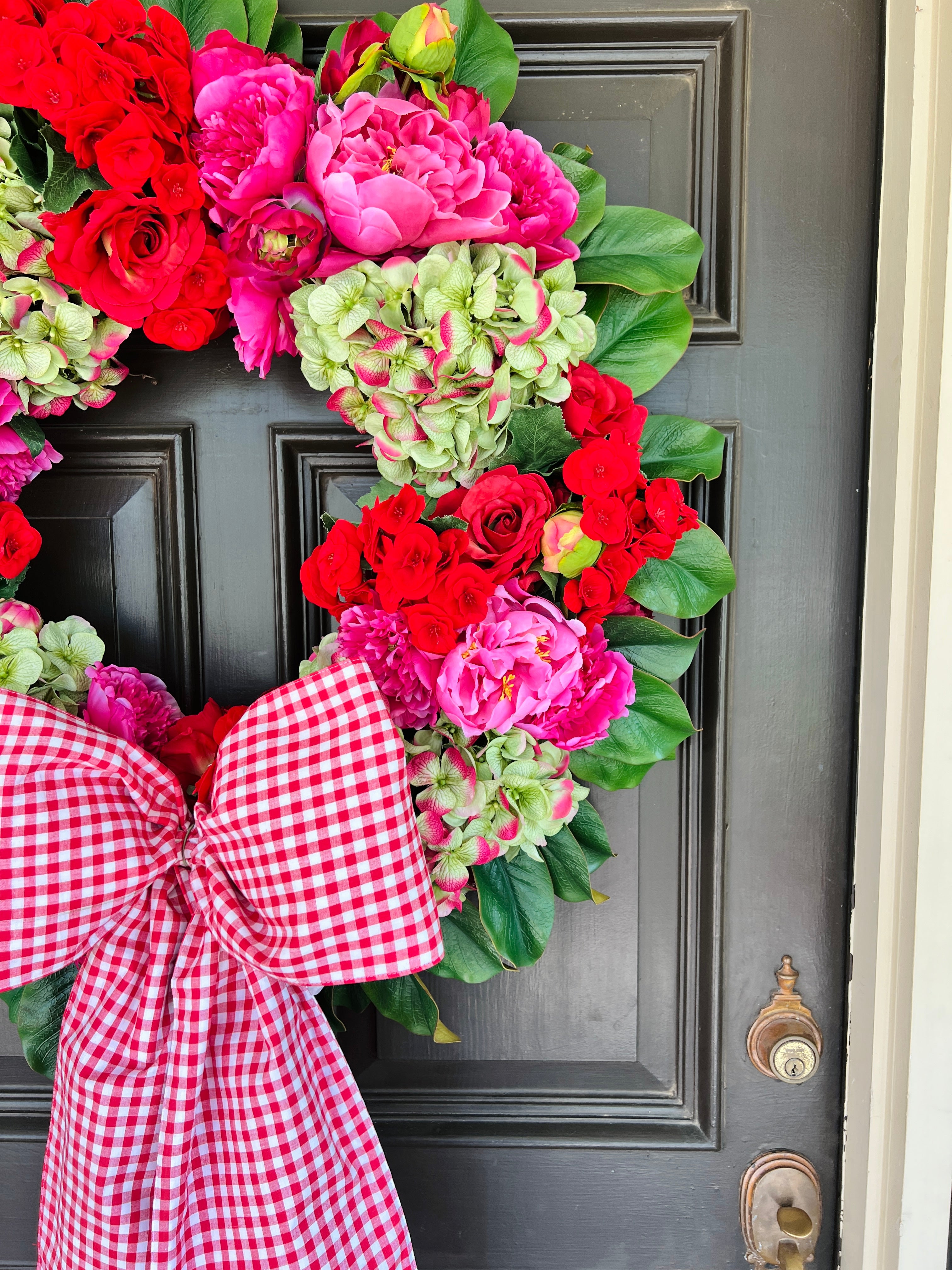 Red and white gingham wreath bow sash custom monogram available