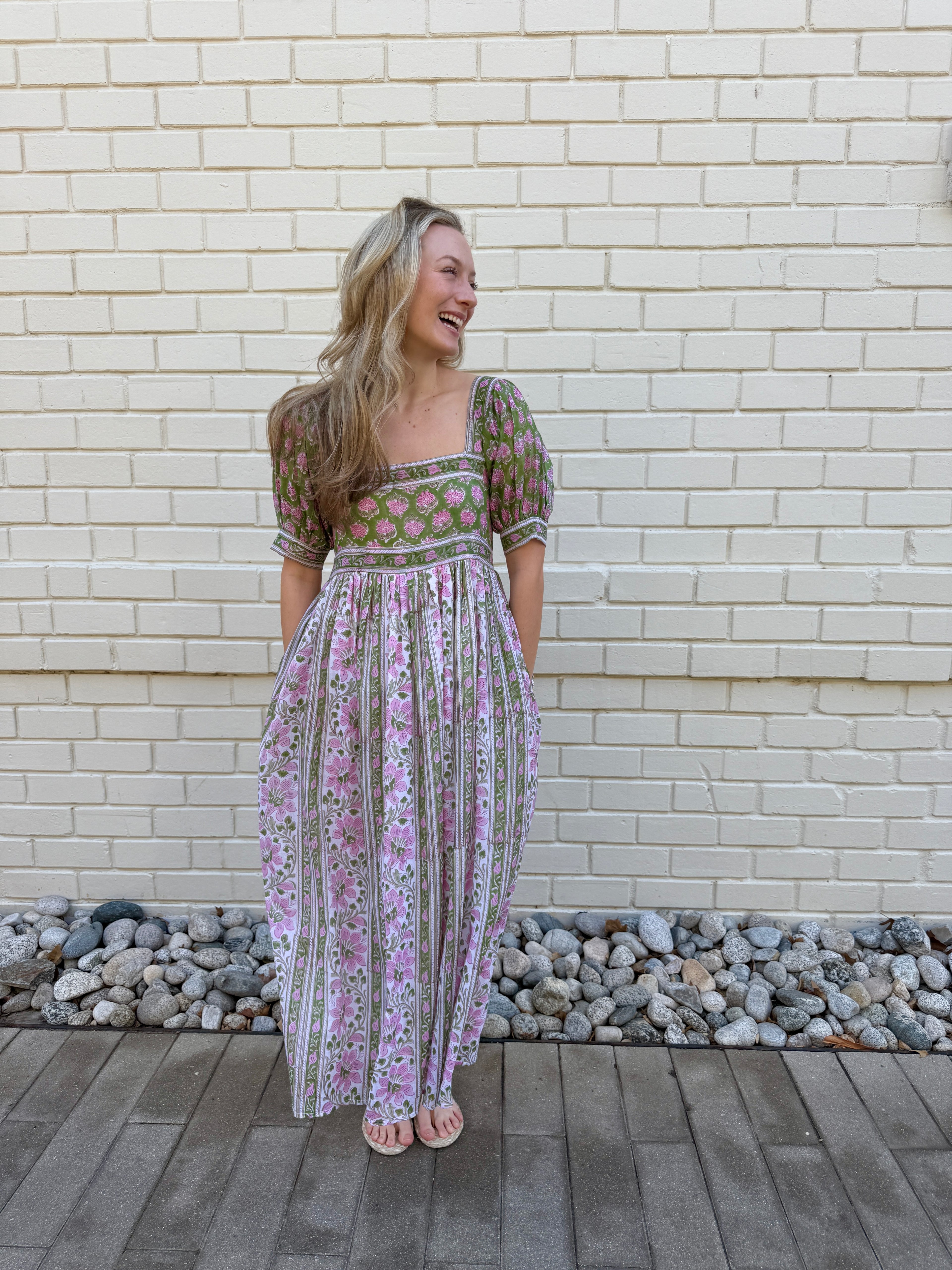 Lottie dress with puff sleeves in pink and green