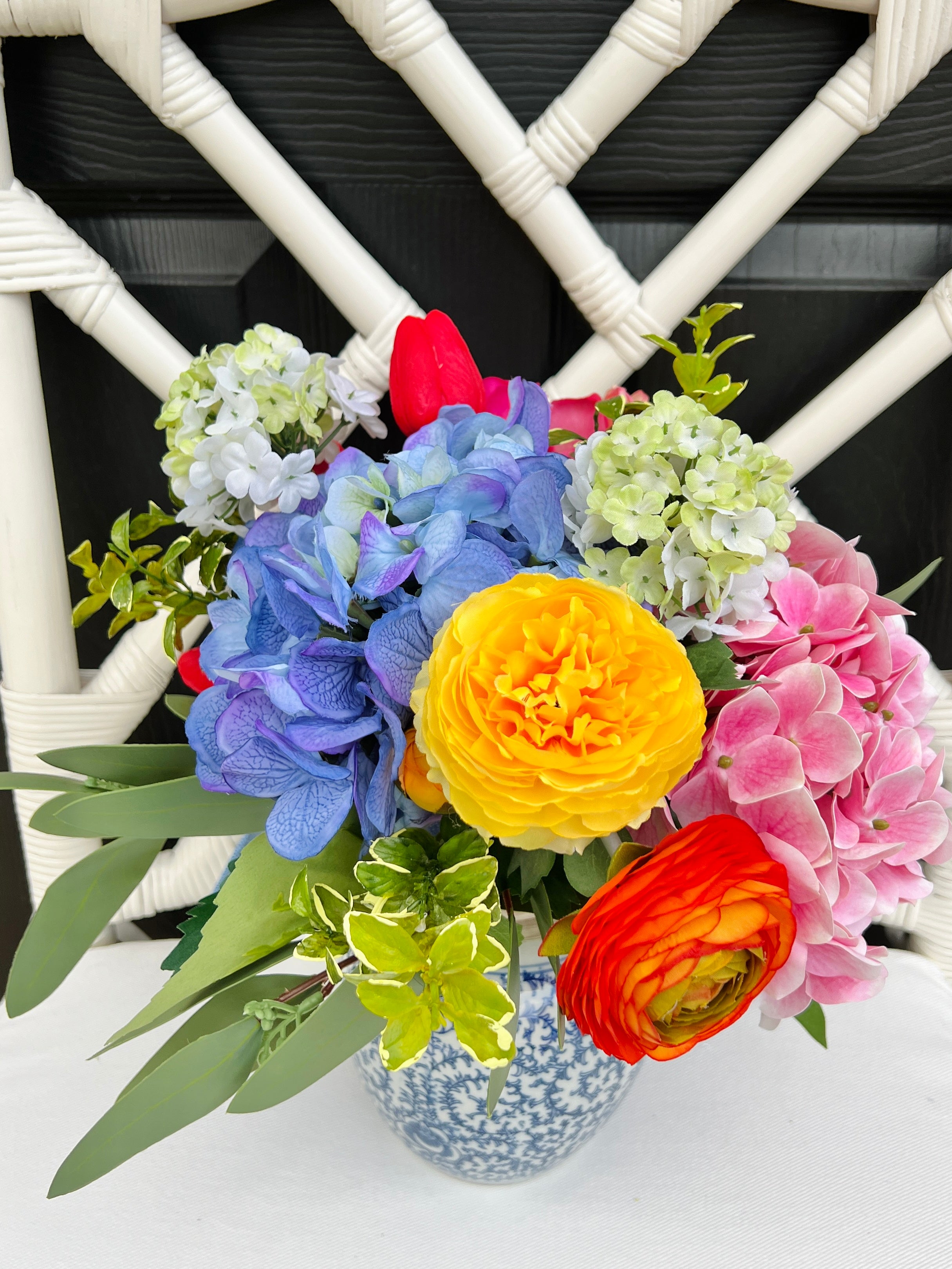 Faux flower drop-in bouquet arrangement, bright colors mixed floral