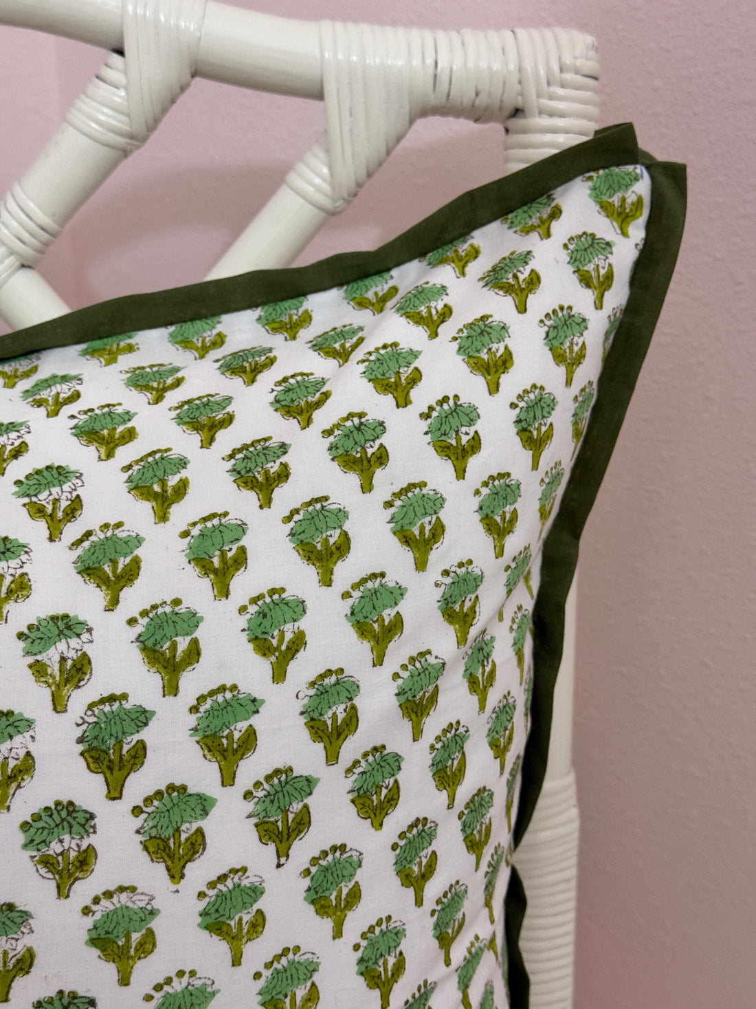 Moss green block print pillow cover with butterfly flange