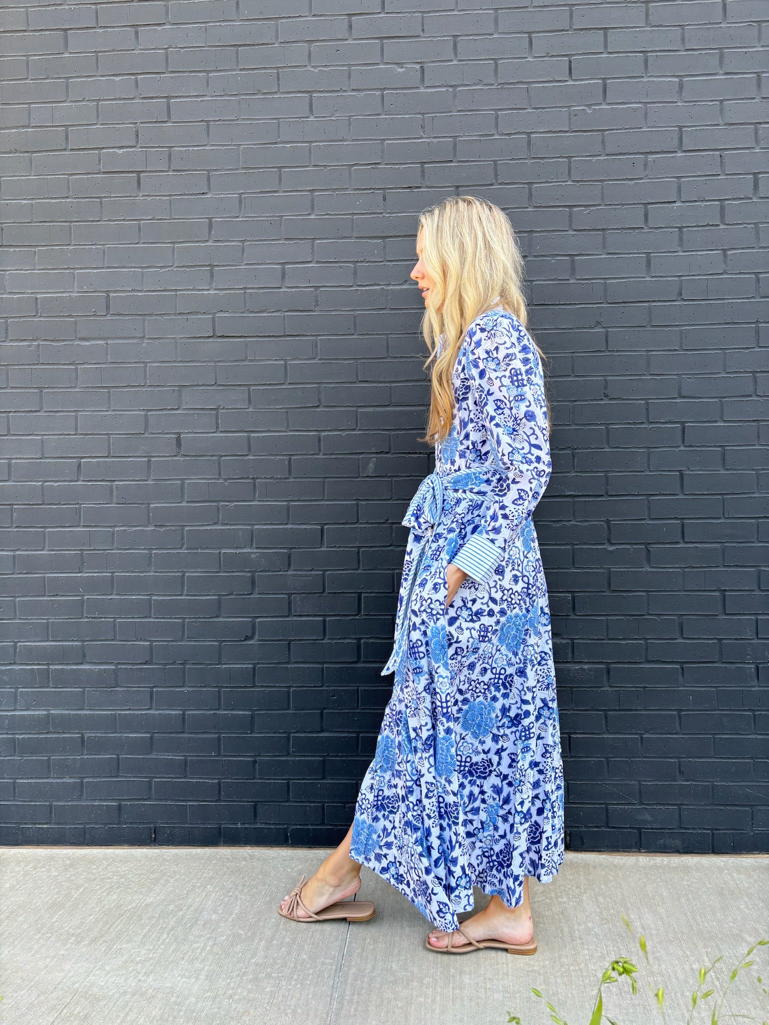 The Mary maxi shirtdress in blue and white porcelain block print