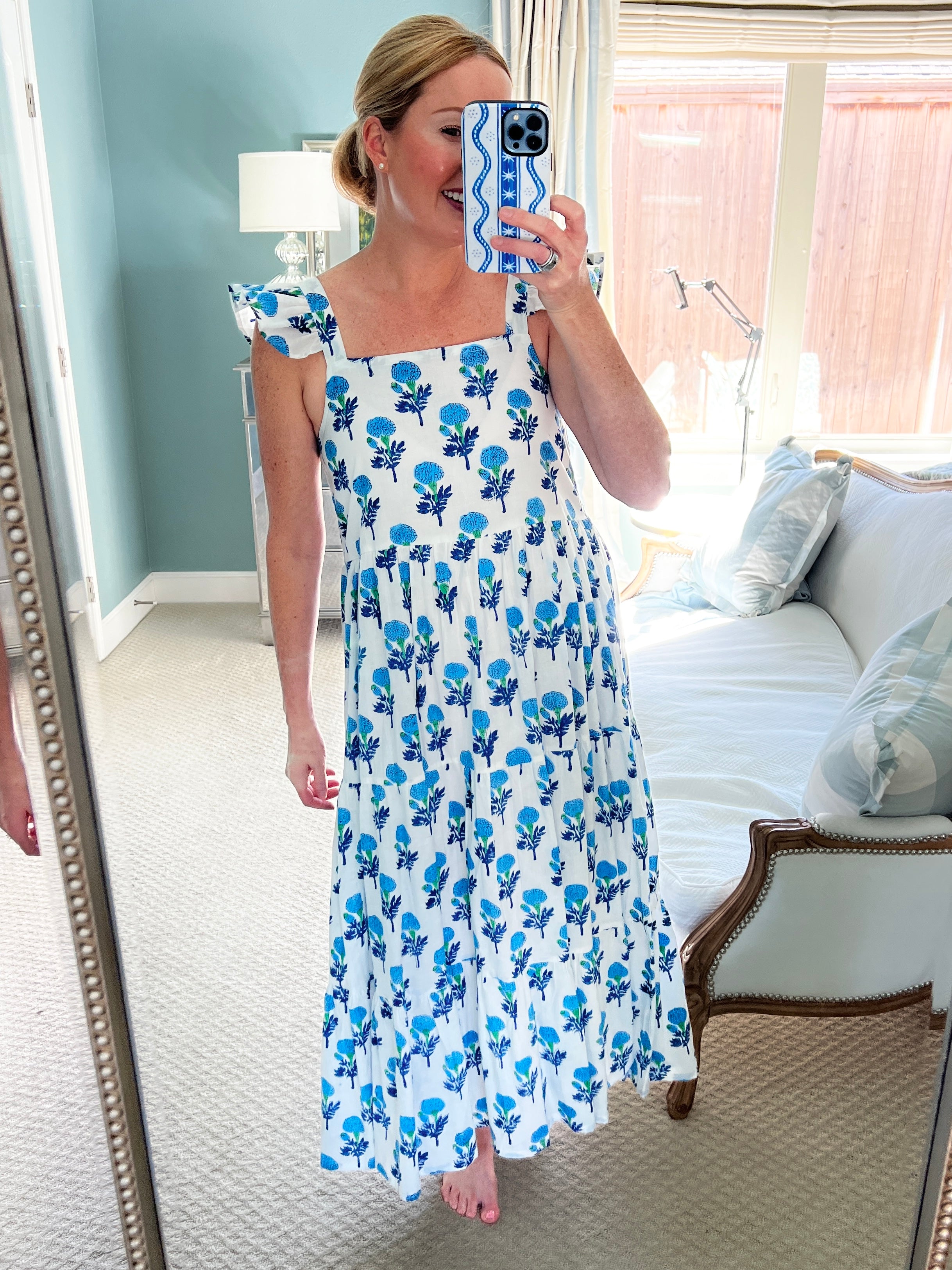Blue and white blossom ruffle shoulder maxi sundress