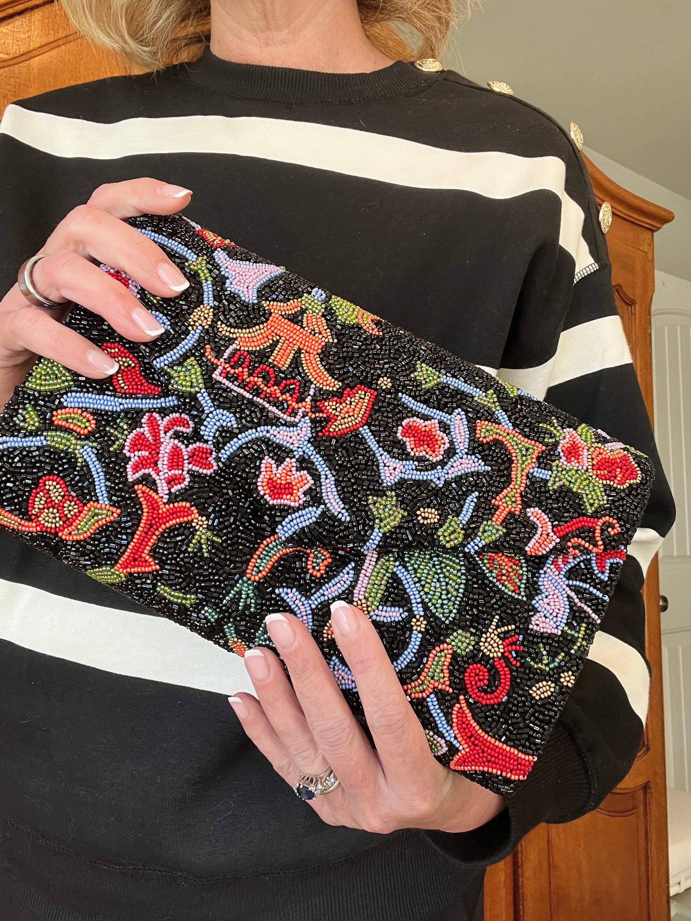 Hand beaded clutch handbag, black chinoiserie pattern