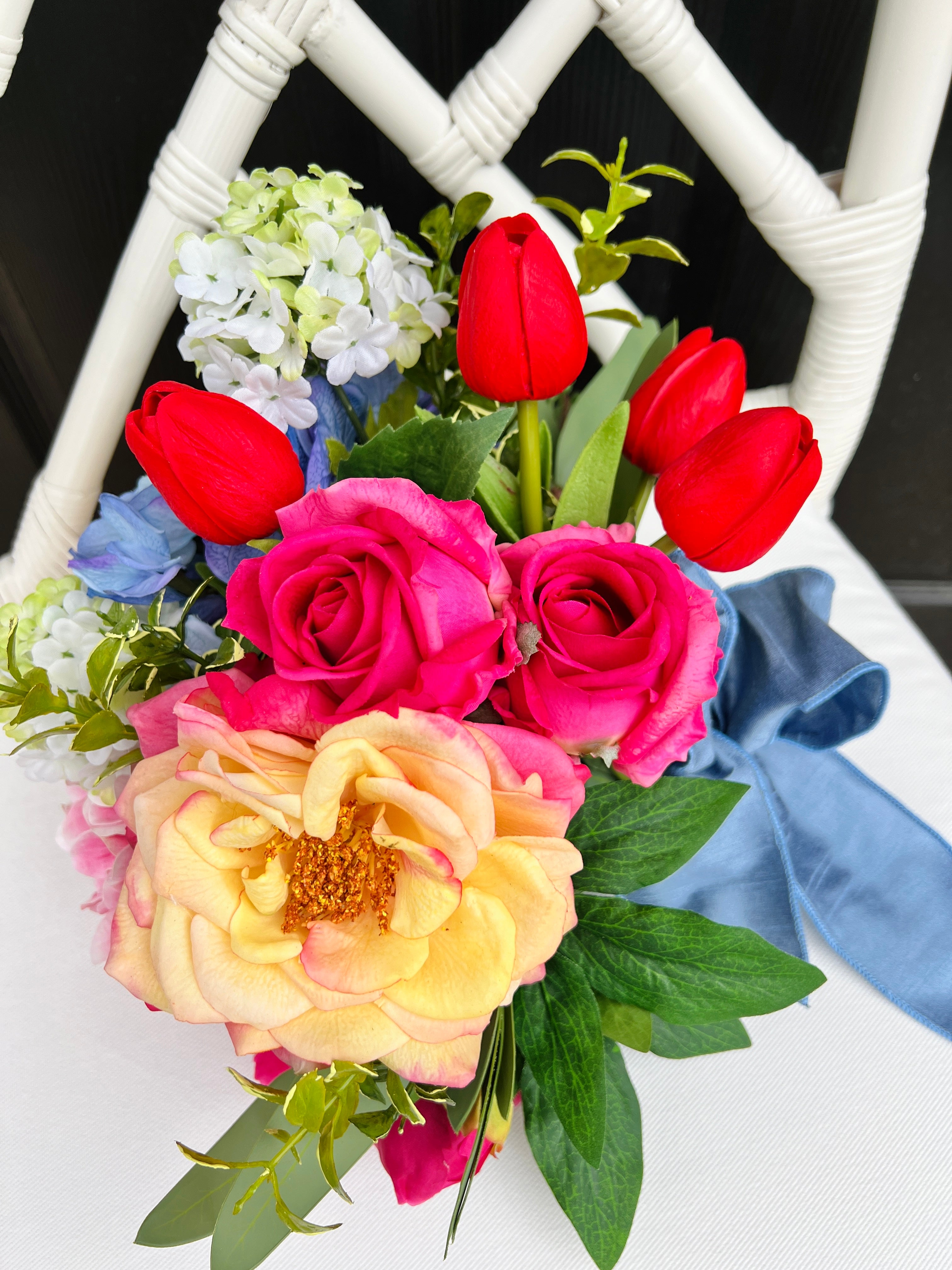 Faux flower drop-in bouquet arrangement, bright colors mixed floral