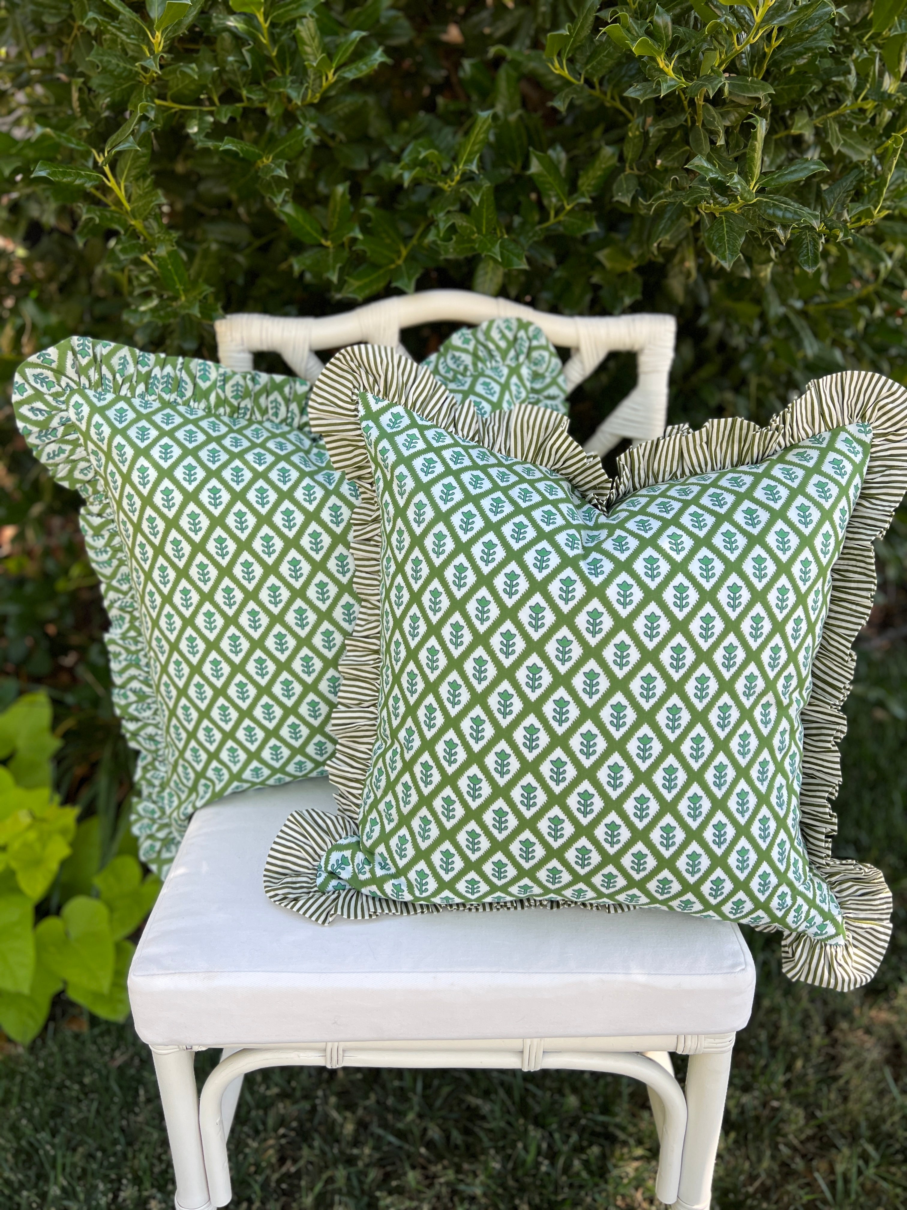 Green block print pillow cover with ruffle flange