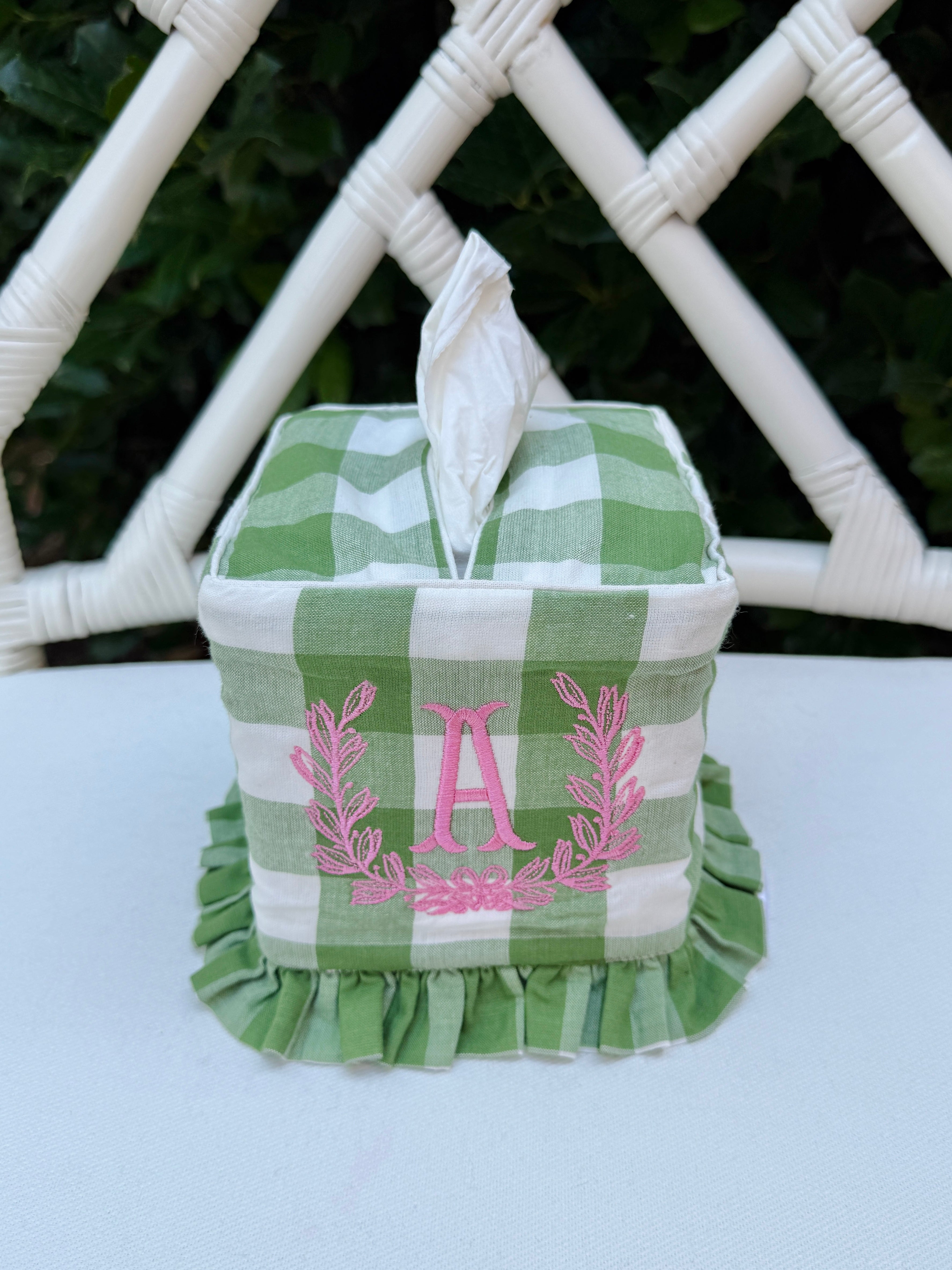 Fern green check ruffle tissue cover, custom monogram available
