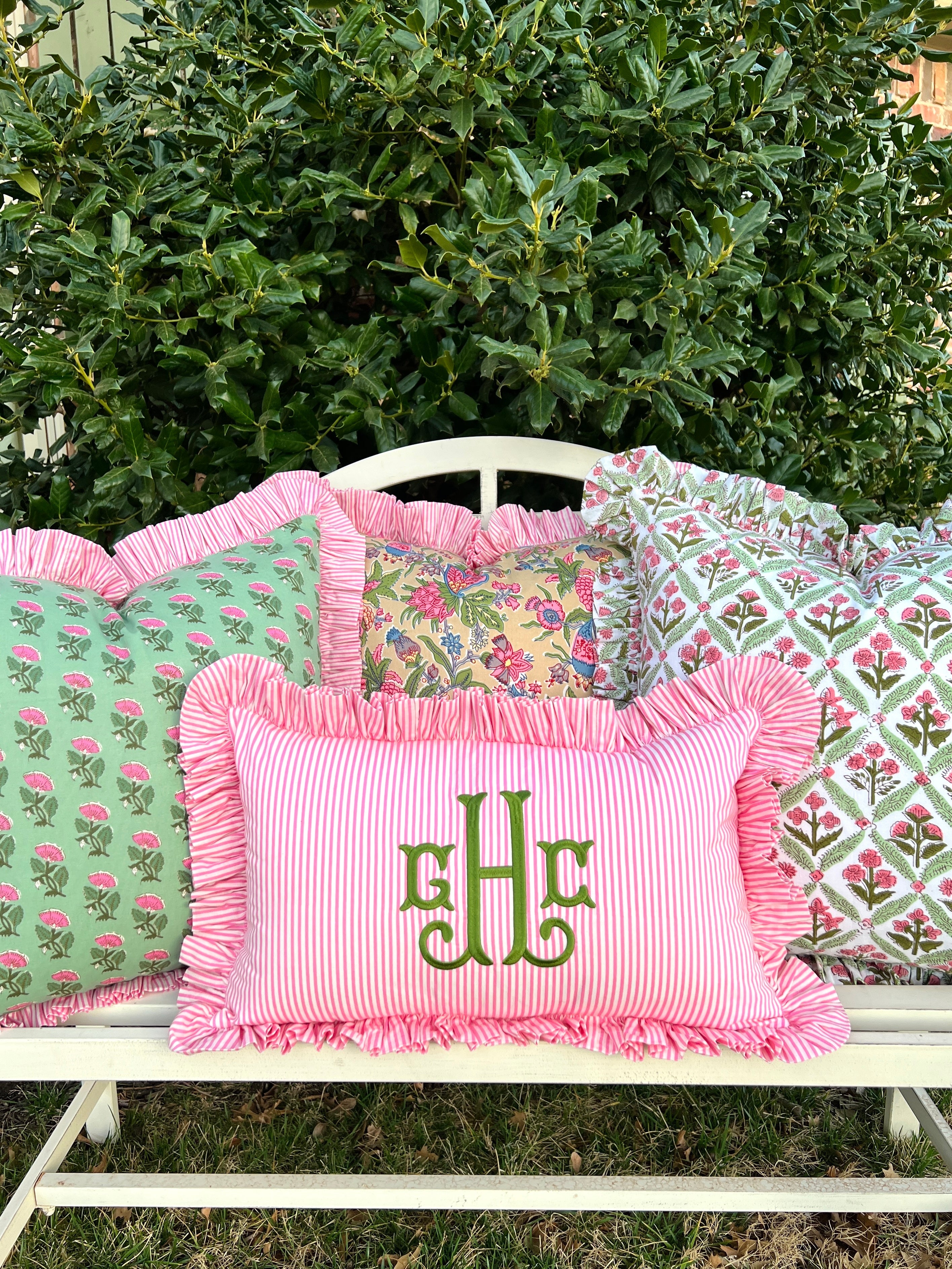 Rose and green floral trellis block print ruffle pillow cover
