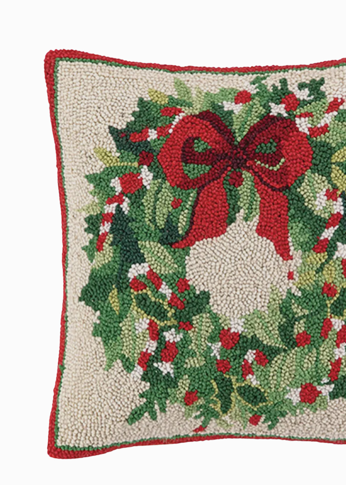 Holiday wreath with bow hand hooked pillow
