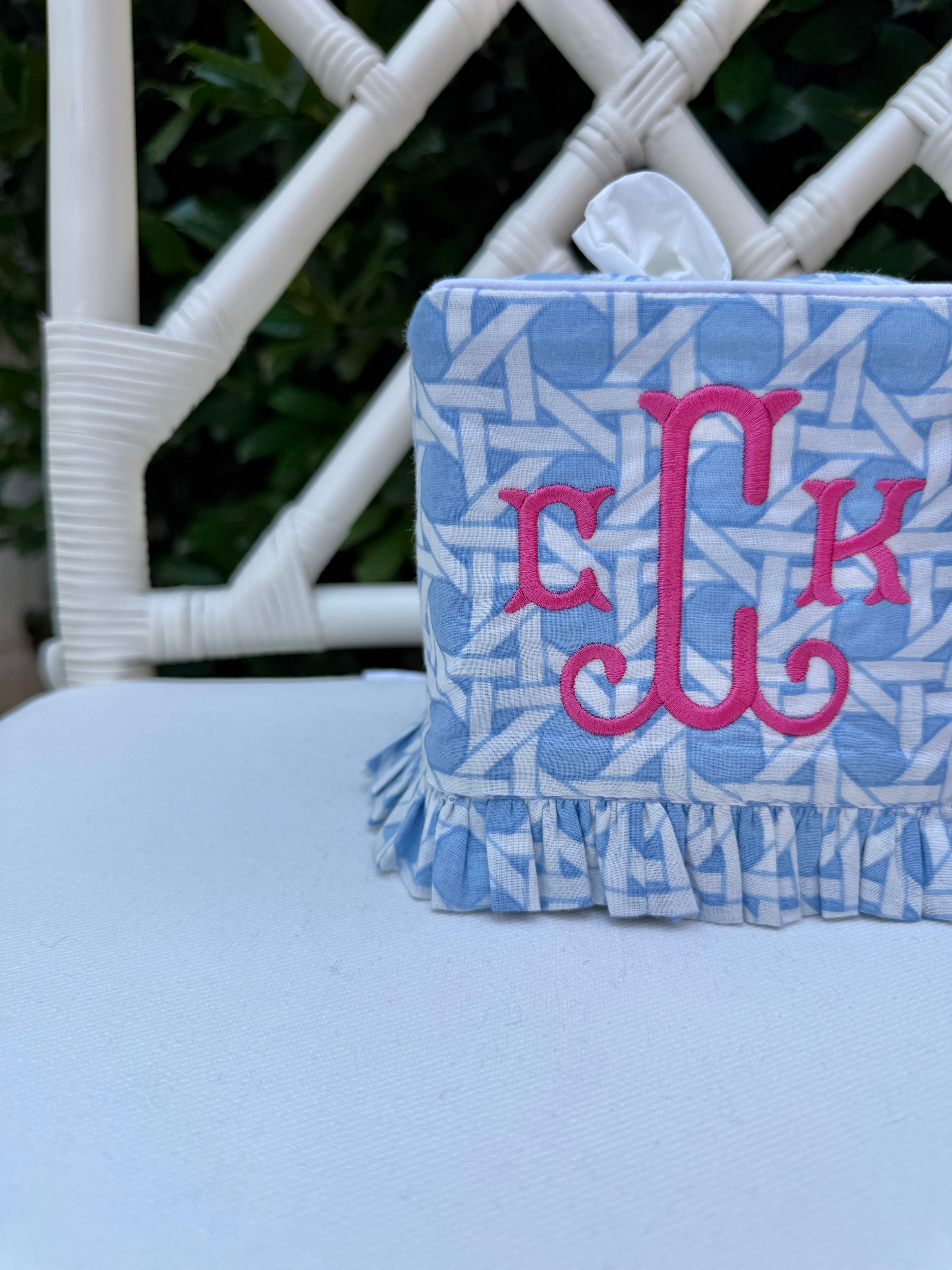 Light blue cane trellis block printed ruffle tissue cover, custom monogram available