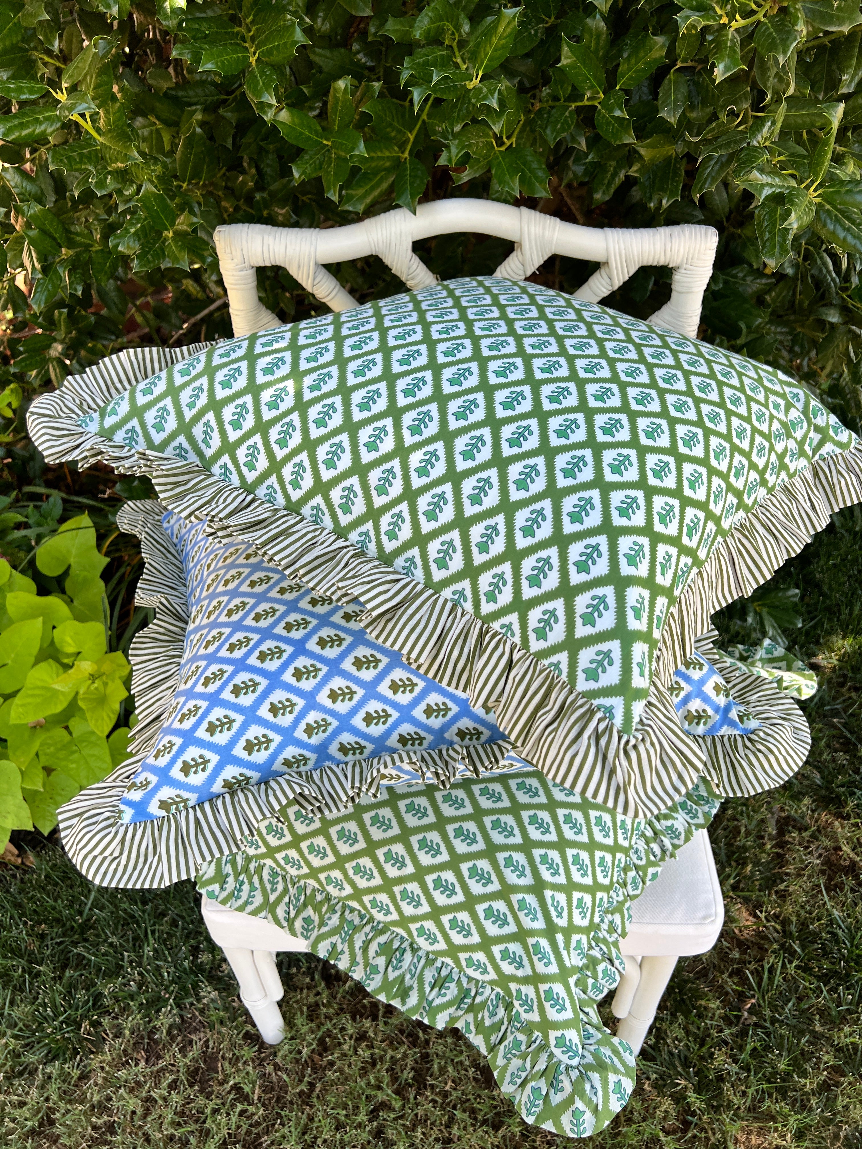 Green block print pillow cover with ruffle flange