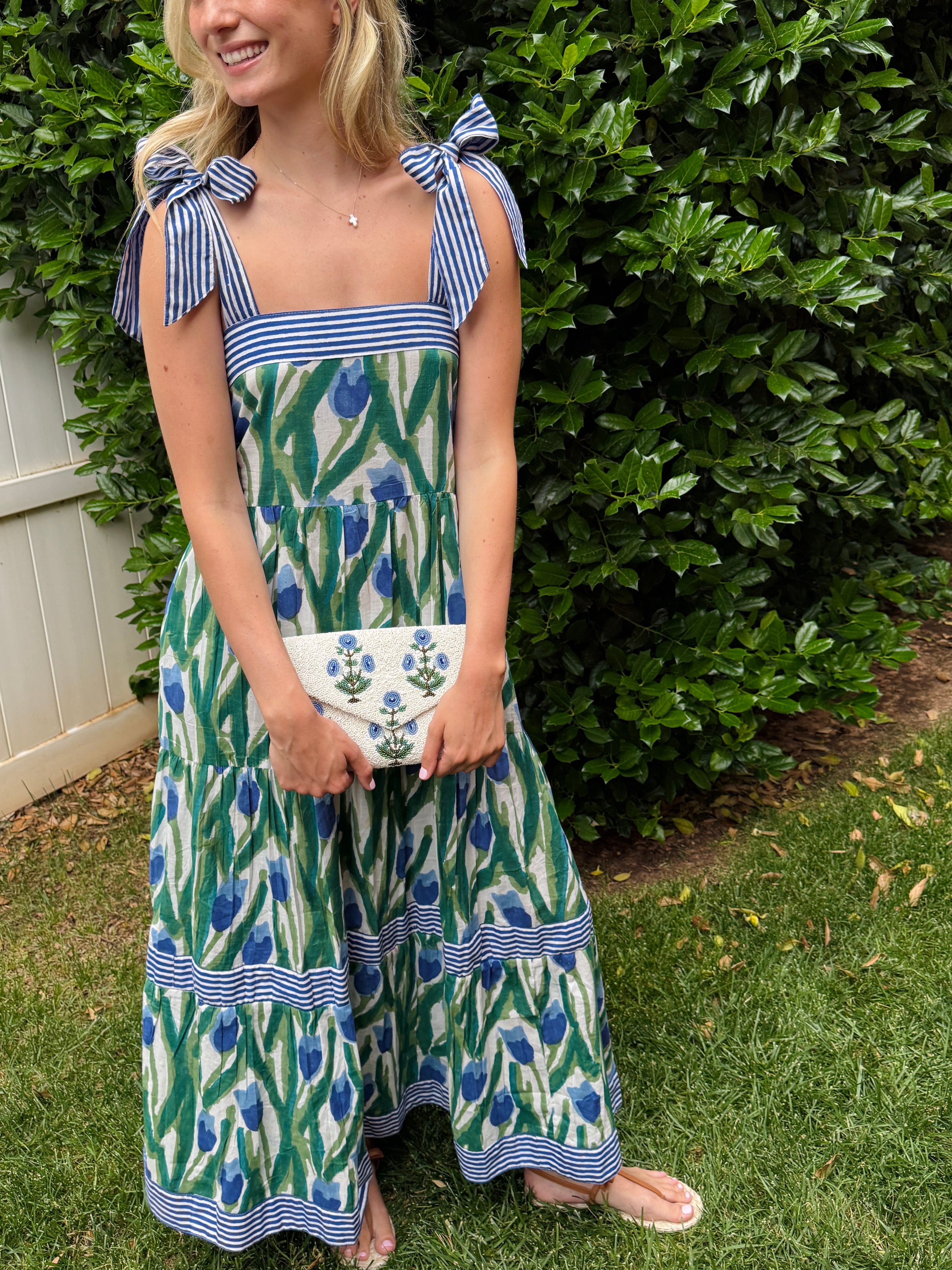 Maisie Maxi Dress in blue and green tulip block print
