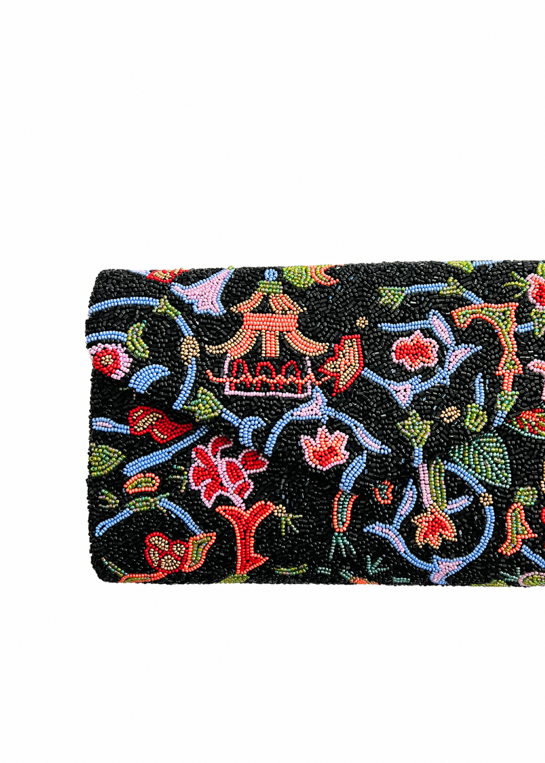 Hand beaded clutch handbag, black chinoiserie pattern