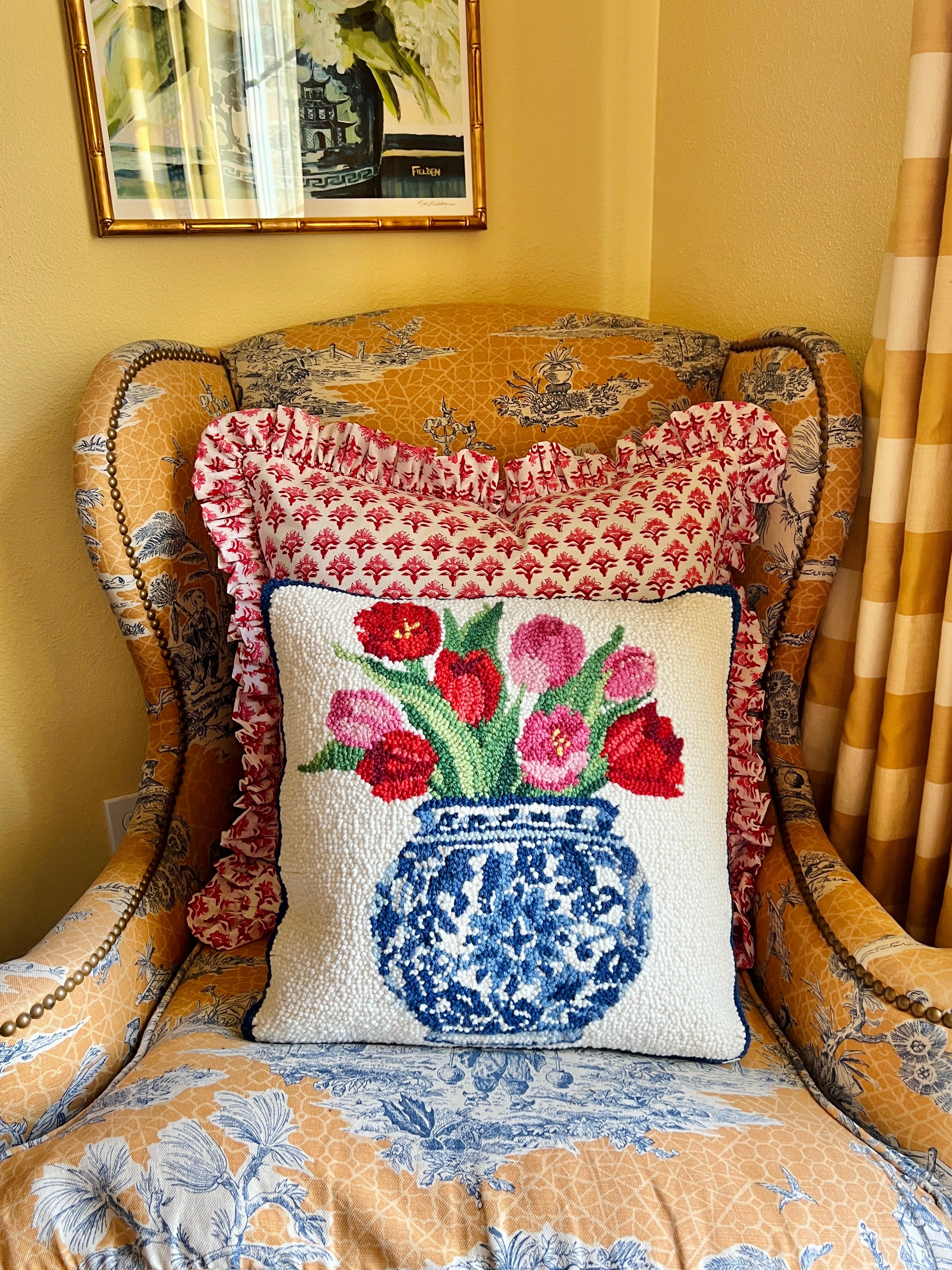 Hand hooked wool tulips and chinoiserie pillow