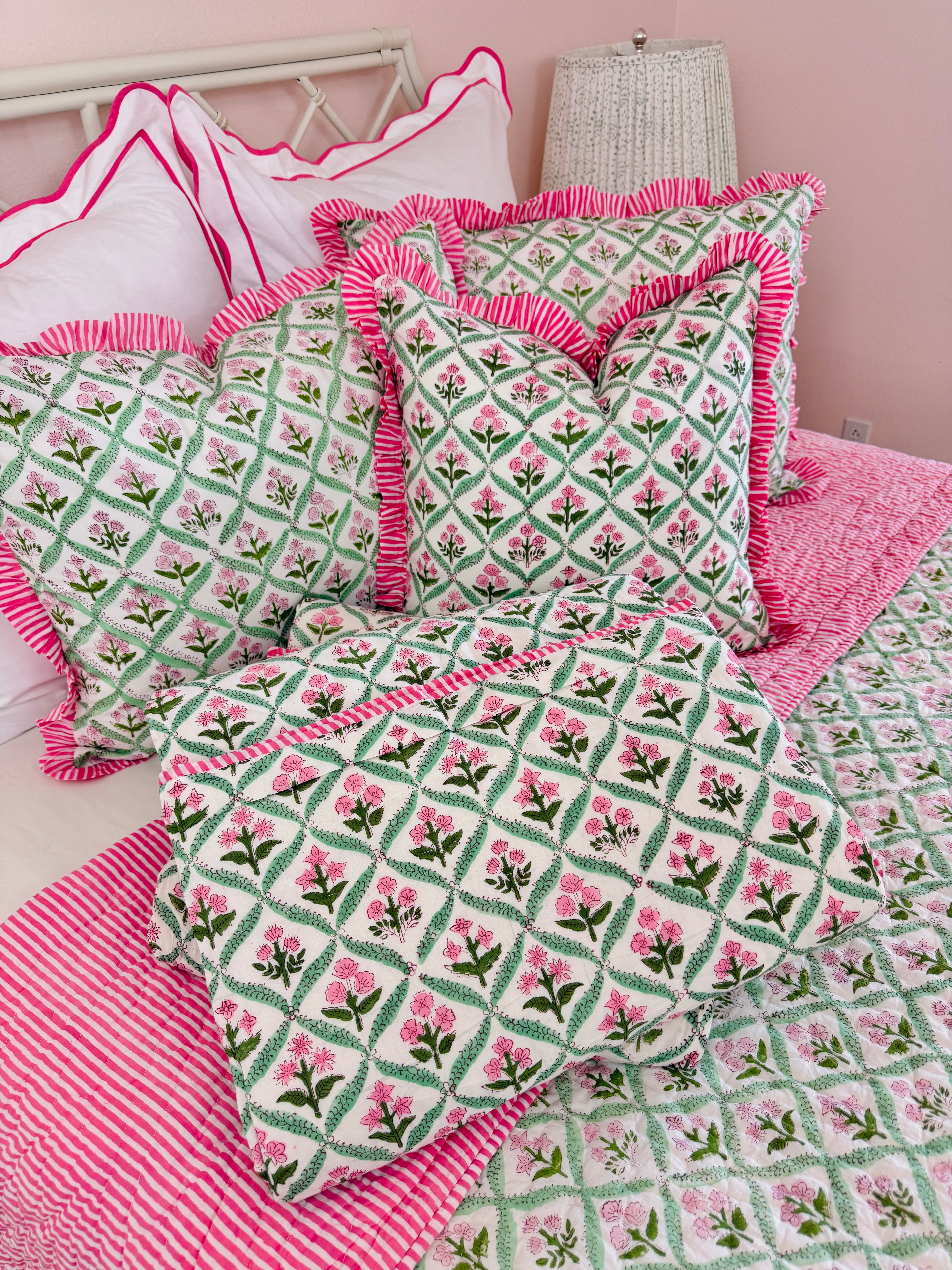 Hot pink and green floral trellis block print bedding collection